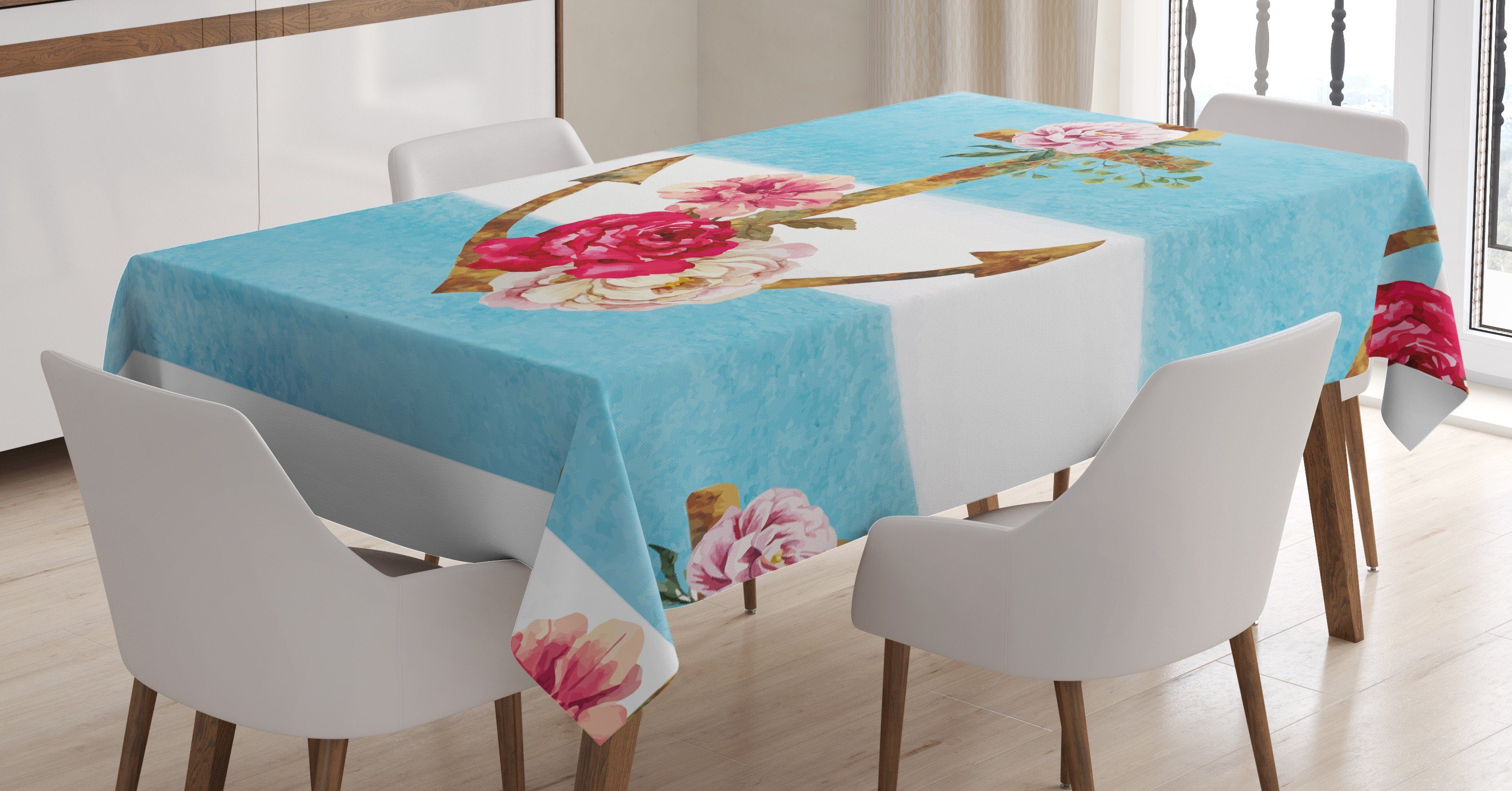 Abakuhaus Tischdecke Farbfest Waschbar Für den Außen Bereich geeignet Klare Farben, Shabby Chic Anker und Rosen
