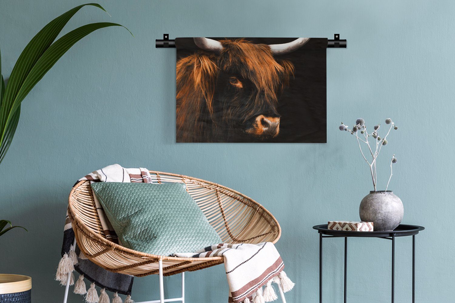 - Wandbehang, Wohnzimmer, MuchoWow - - Schwarz Wanddeko Tiere, Horn Schlafzimmer, Wanddekoobjekt Kleid, Kuh Highlander - für Schottischer Kinderzimmer