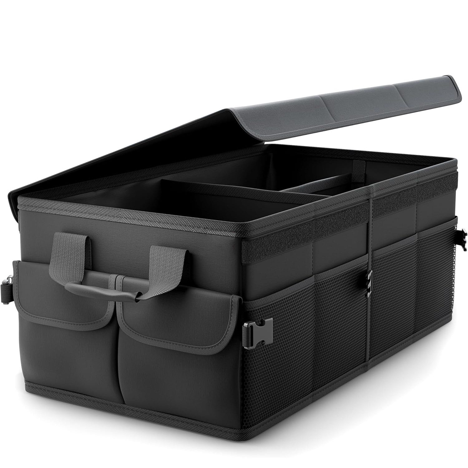 AIMAX Klappbox Kofferraum Organizer 60L, Kofferraumtasche faltbar mit Deckel, Auto Faltbox & Aufbewahrungstasche, 3 Fächer, Gurte, Schwarz