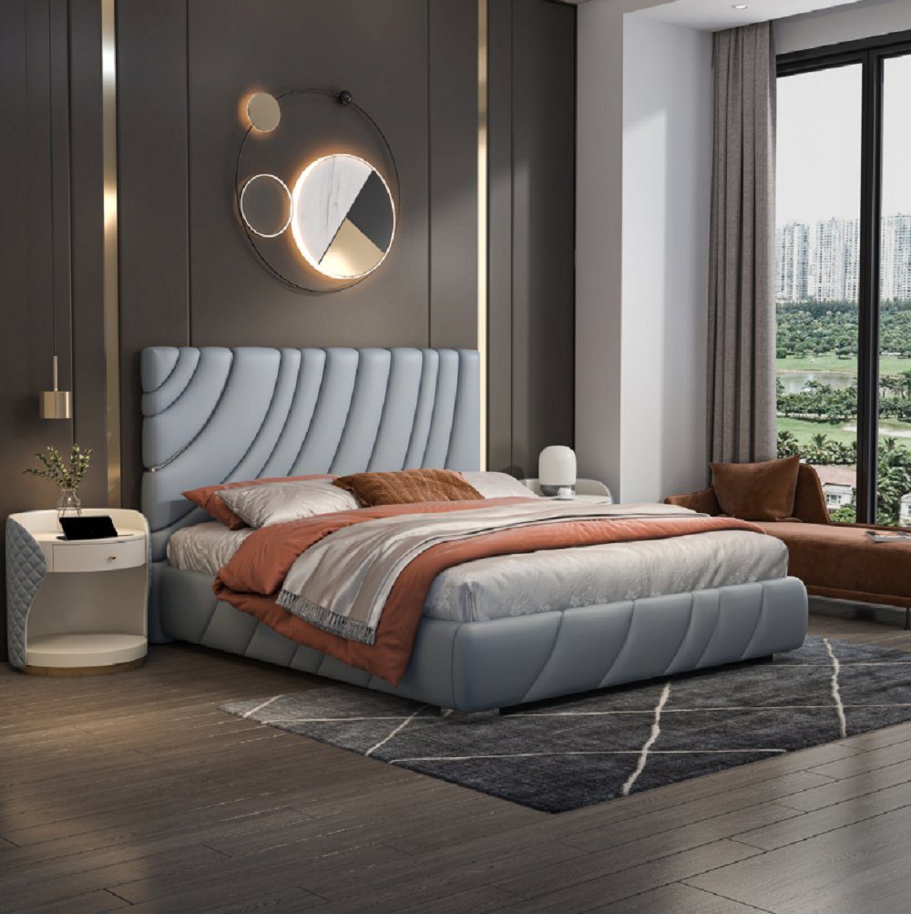Modernes Made Luxus (1-tlg., Bett), Edelstahlbett Doppelbett 1x Kunstleder Graues Holzgestell in JVmoebel Bett Europa