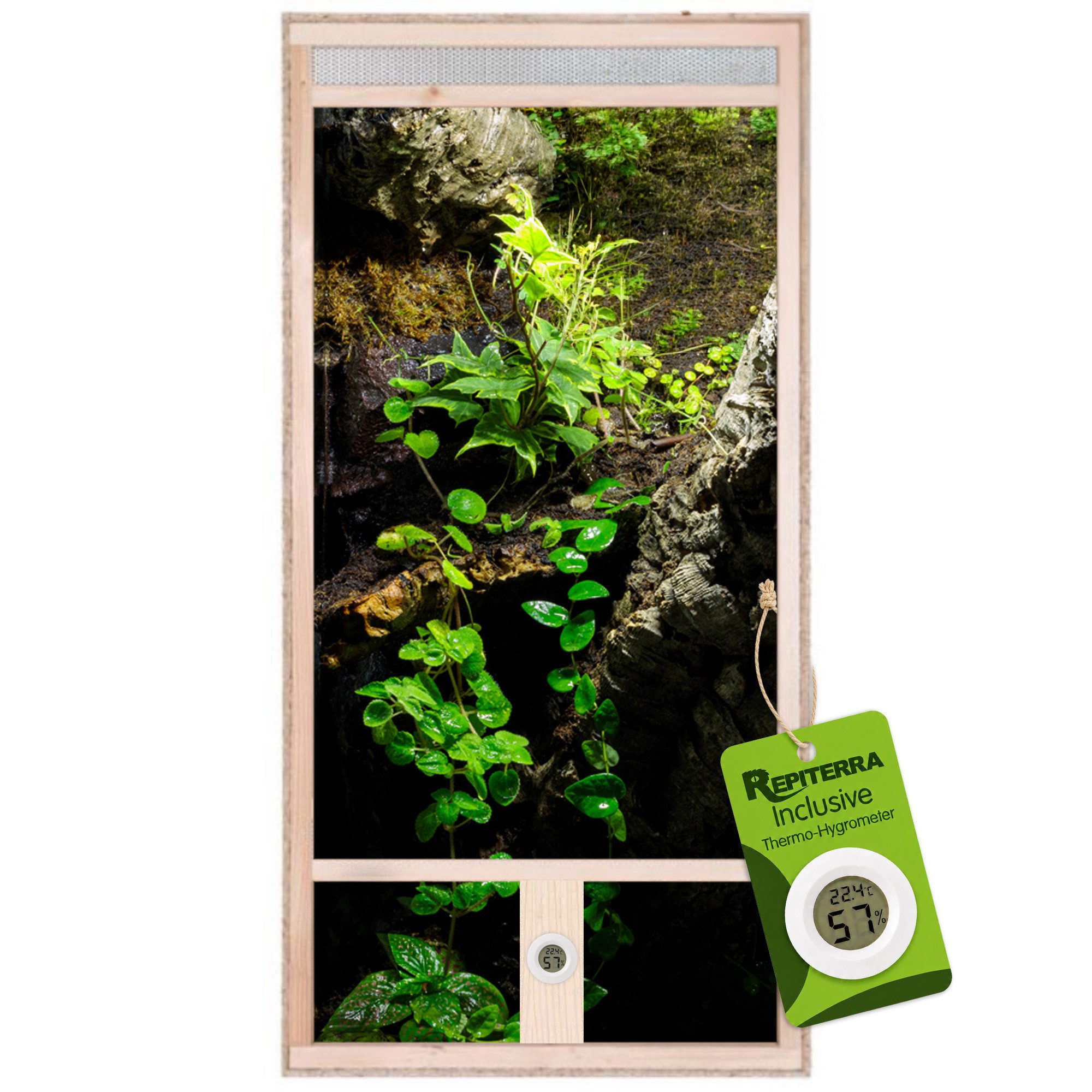 Repiterra Terrarium Hochterrarium Frontbelüftung 60x120x60 cm, inklusive Thermo-Hygrometer - Hochwertiges Holzterrarium