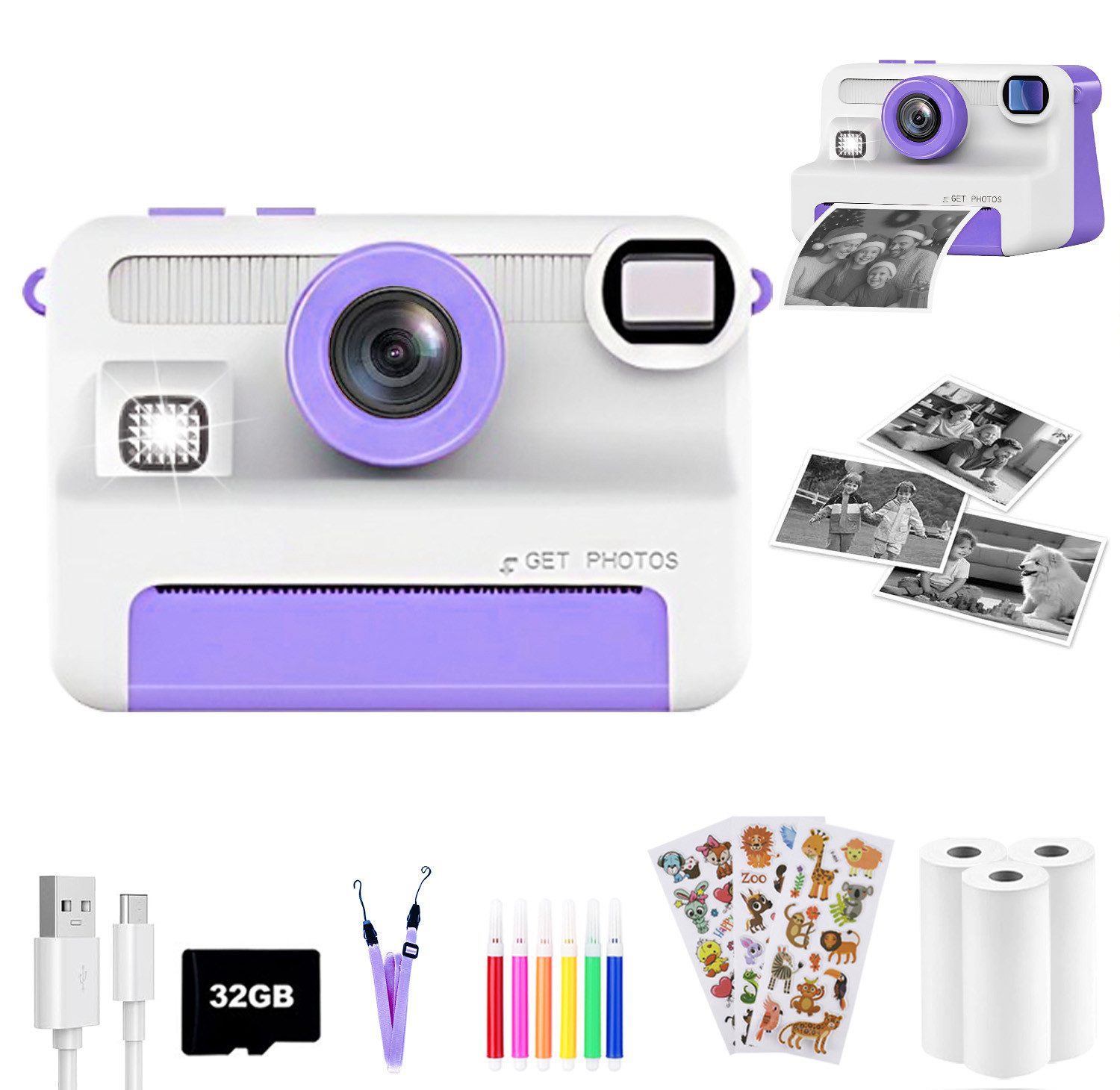 SWGOTA 1080P Kinderkamera Sofortbildkamera, 2,4 Zoll Digitalkamera Kinder Kinderkamera (30 MP, 8x opt. Zoom, 30MP Sofortbildkamera Kinder,3 Druckpapier,32GB Karte,für 3-14 Jahren)