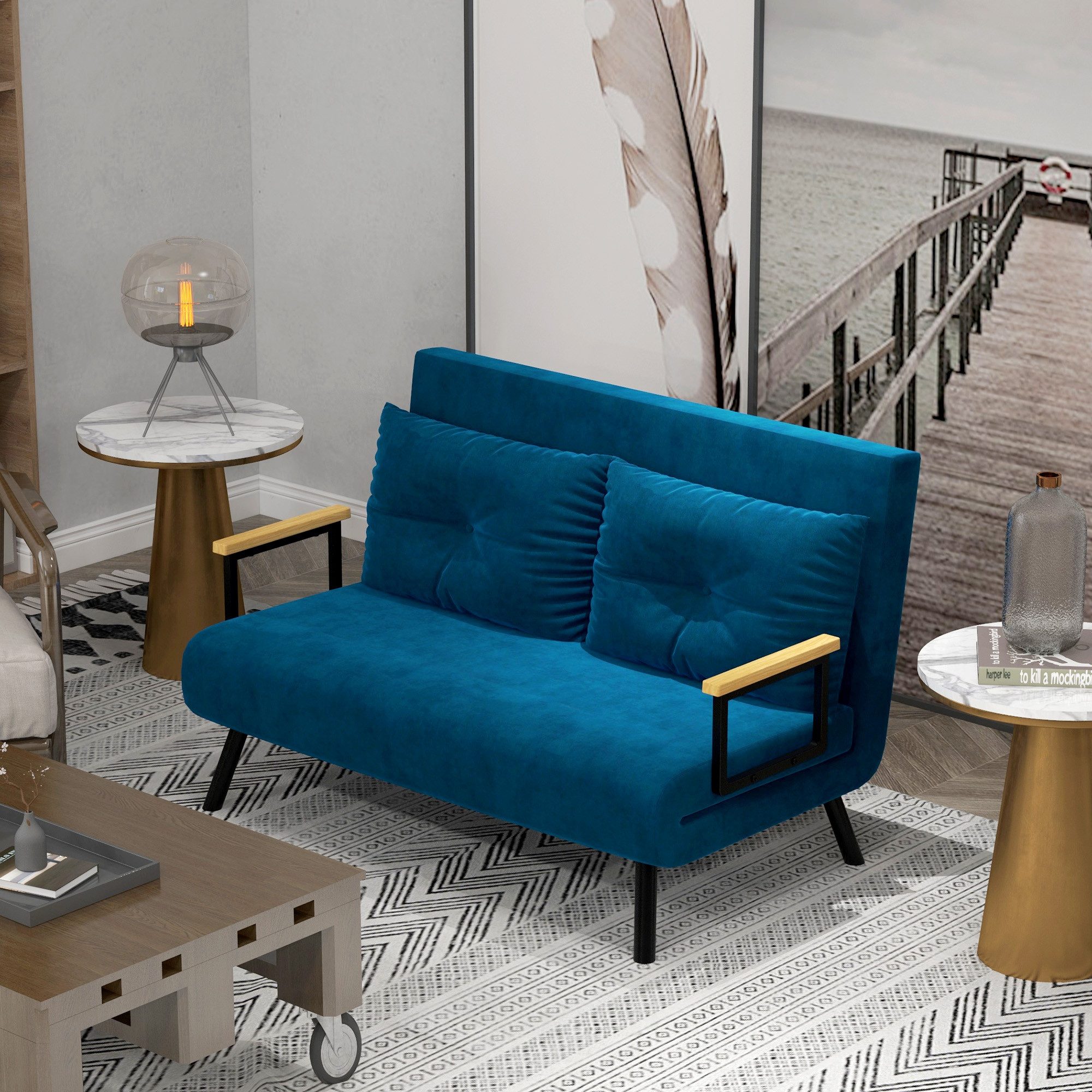 HOMCOM Schlafsofa Polystersofa mit Verstellbarer Rückenlehne und Rückenkissen, Polstersofa 1 Teile, mit Verstellbarer Rückenlehne, Blau, 102 x 73 x 81 cm