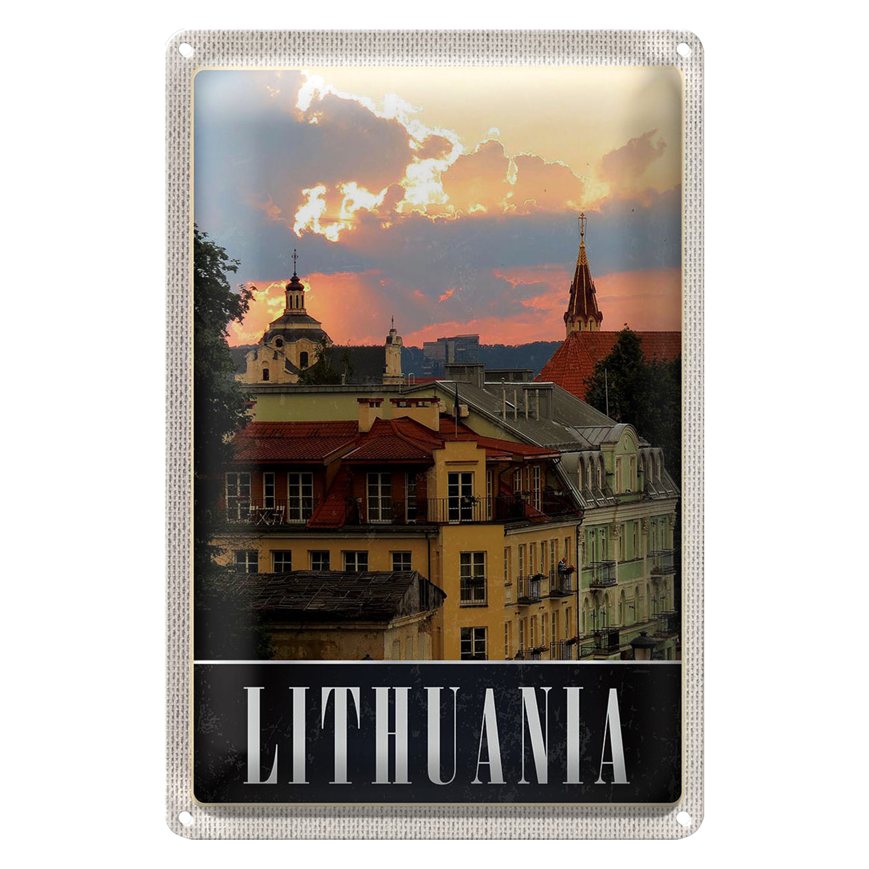 Roomando Metallschild Reise 12x18cm Litauen Mittelalter Gebäude Gemälde