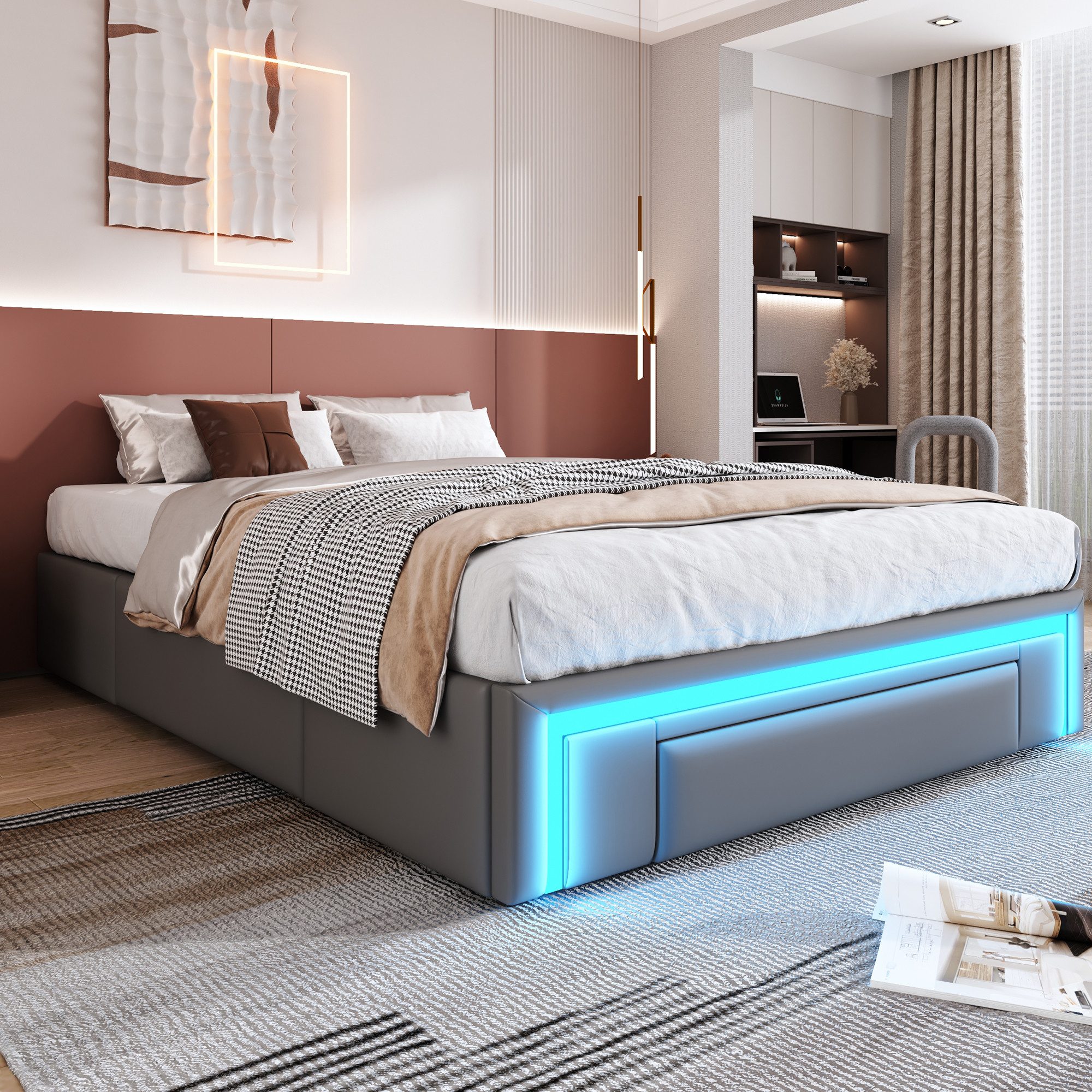 Merax Polsterbett (1-tlg), Plattformbett Doppelbett 140x200cm mit LED & 3 S günstig online kaufen