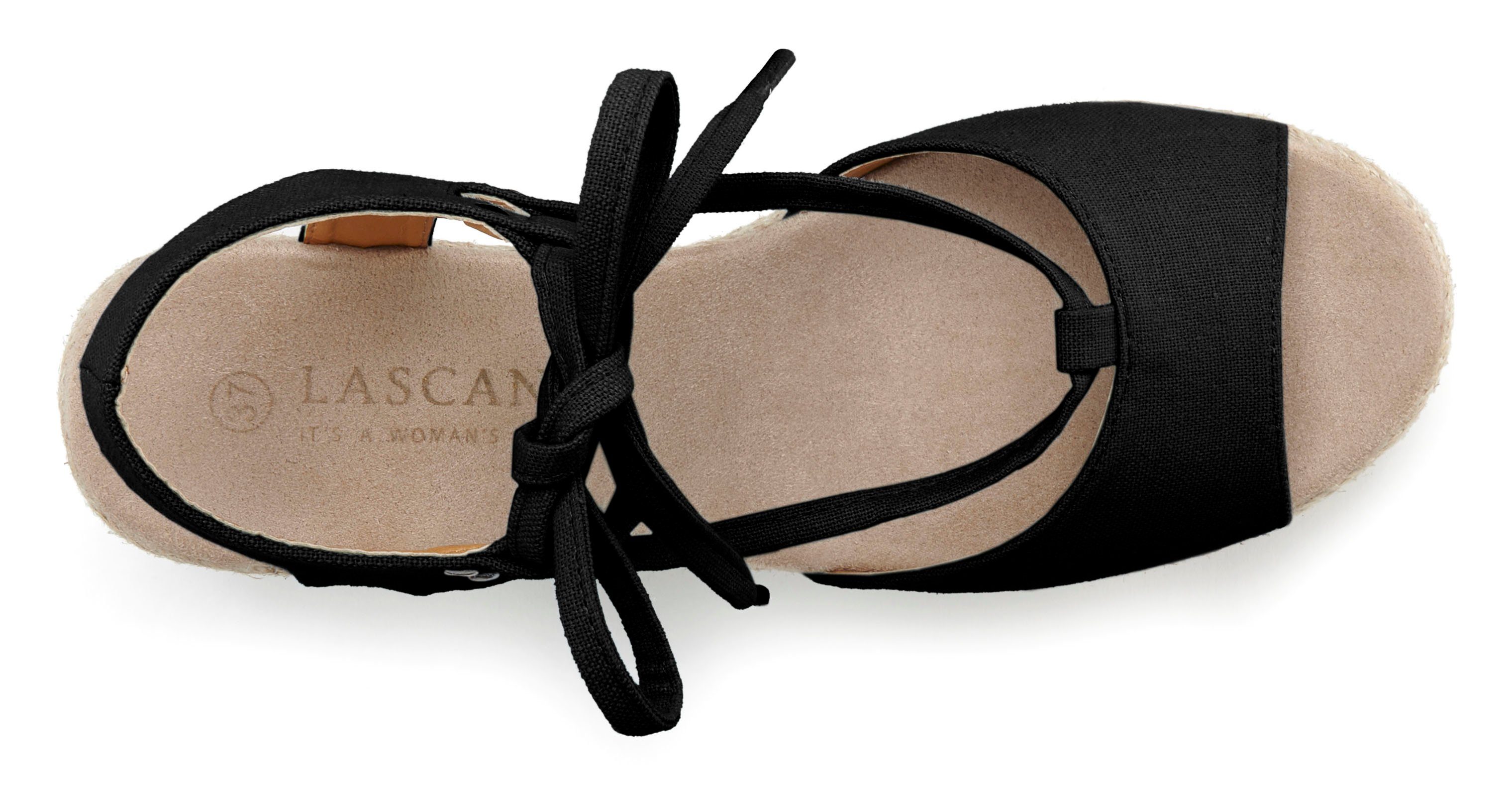 LASCANA Sommerschuh, offener Schuh, Sandale, Sandalette, Keilsandalette mit Keilabsatz, Bast-Optik & Schnürung VEGAN