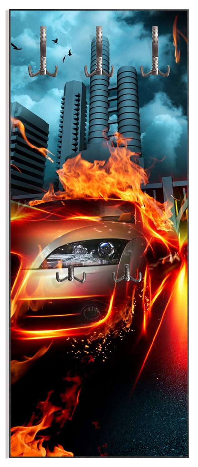 Wallario Garderobenpaneel Brennendes fahrendes Auto (1-teilig, inkl. Haken und Befestigung), 50x125cmHolz