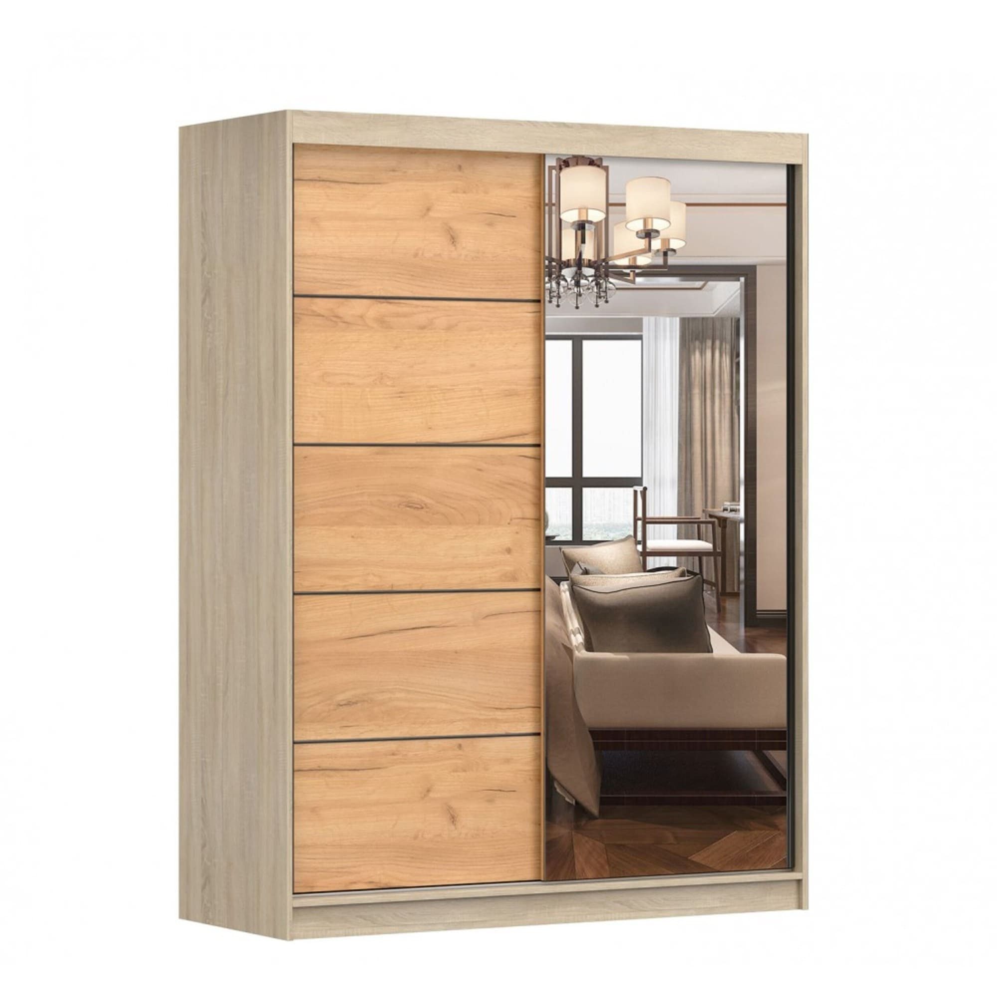 MOEBLO Kleiderschrank LARA 05 (mit Spiegel Schwebetürenschrank 2-türig Schrank mit vielen Einlegeböden und Kleiderstange, Gaderobe Schiebtüren Schlafzimmer-Wohnzimmerschrank Modern Design), (BxHxT): 150x200x61 cm