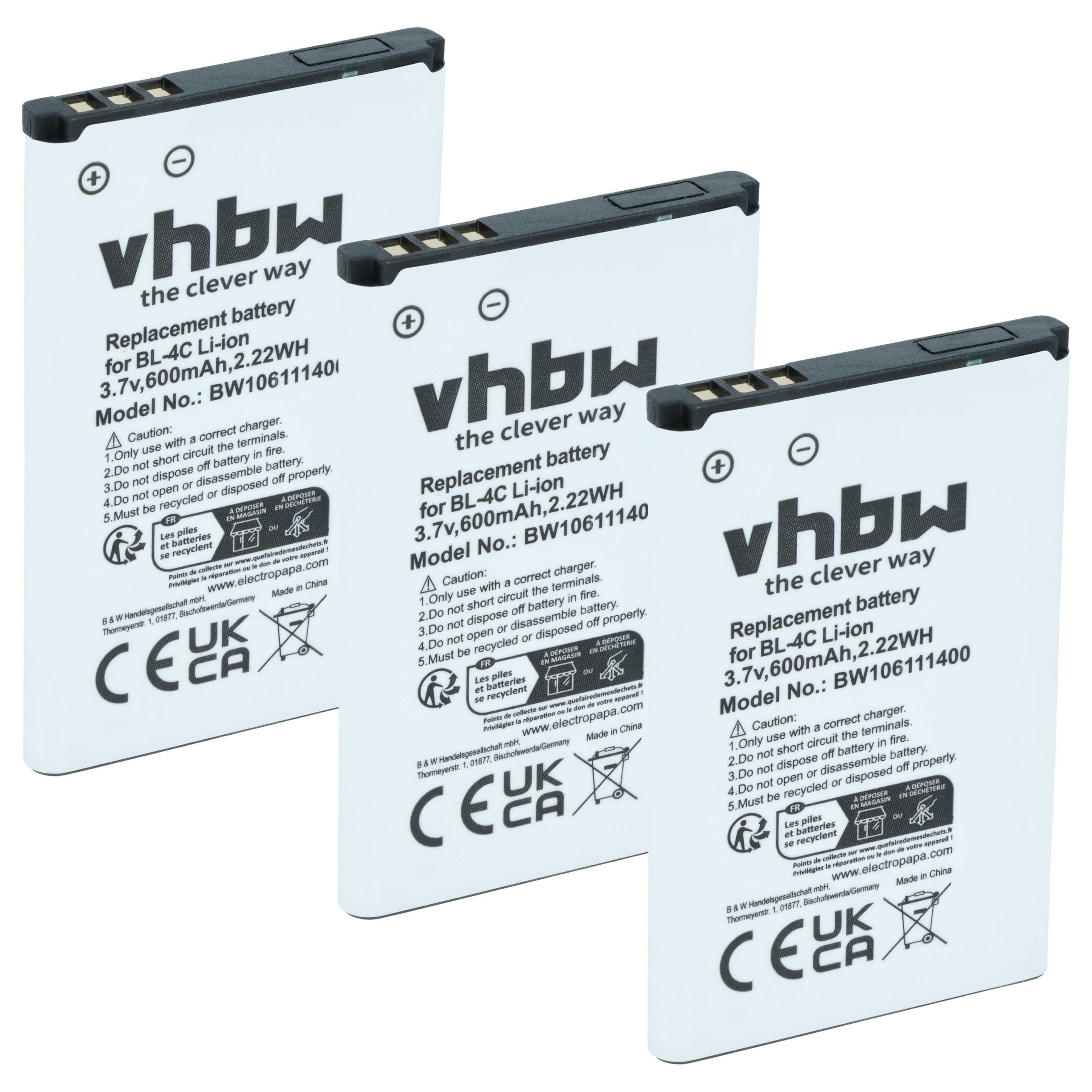 vhbw Akku passend für Doro Phone Easy 509, 509GSM, 510GSM, 515GSM, 510, Smartphone-Akku Akku Li-Ion 600 mAh (3,7 V, 3 St), Leistungsfähige Austausch-Akkus für Telefon, Smartphone