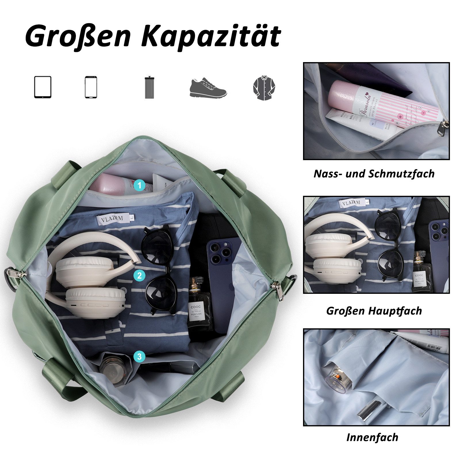 TAN.TOMI Reisetasche Erweiterbares Reisetasche Damen Herren Sporttasche 42x28x23 Handgepäck (Erweiterbares Weekender Bag mit Nassfach), Schwimmtasche Wasserdich – Bild 5 von 5
