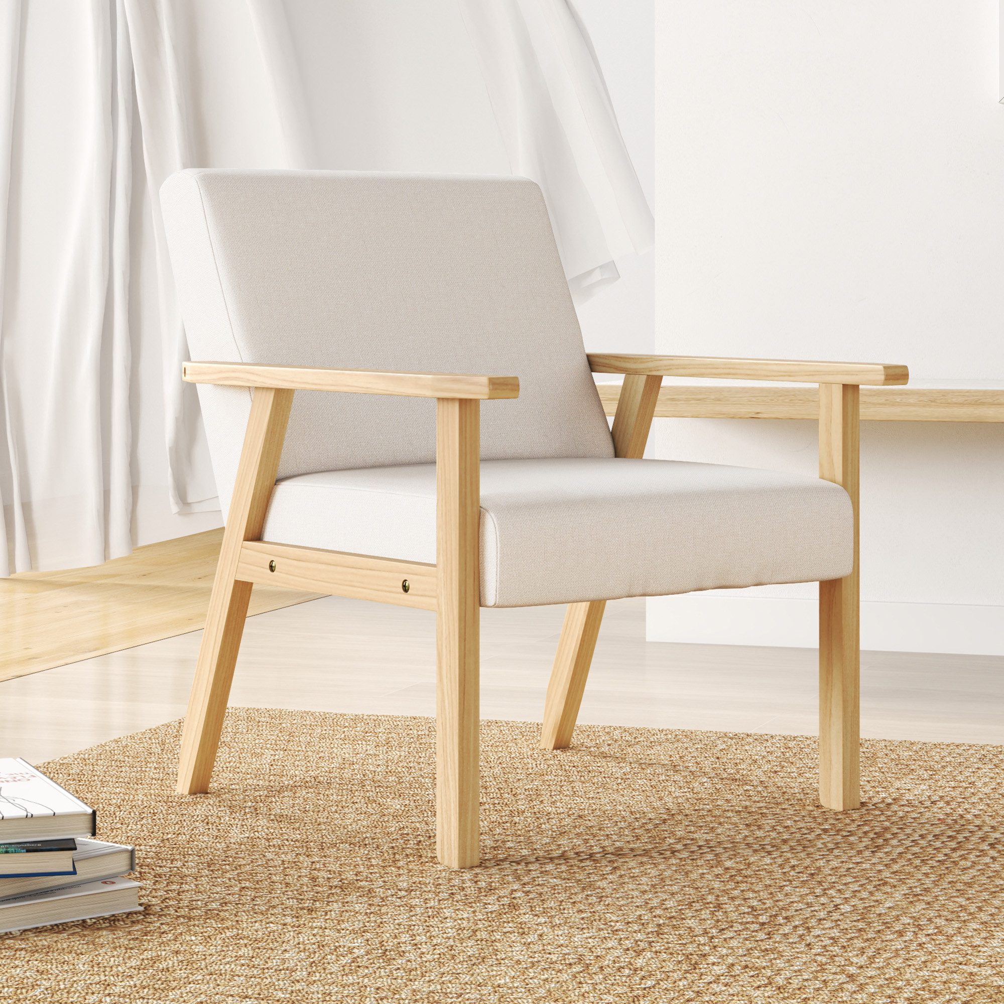 HOMCOM Relaxsessel Sessel Wohnzimmer mit Massivholzbeine, Lesesessel mit Leinenoptik (Akzentsessel, 1-St., Sessel), Cremeweiß, 64 x 70 x 72 cm