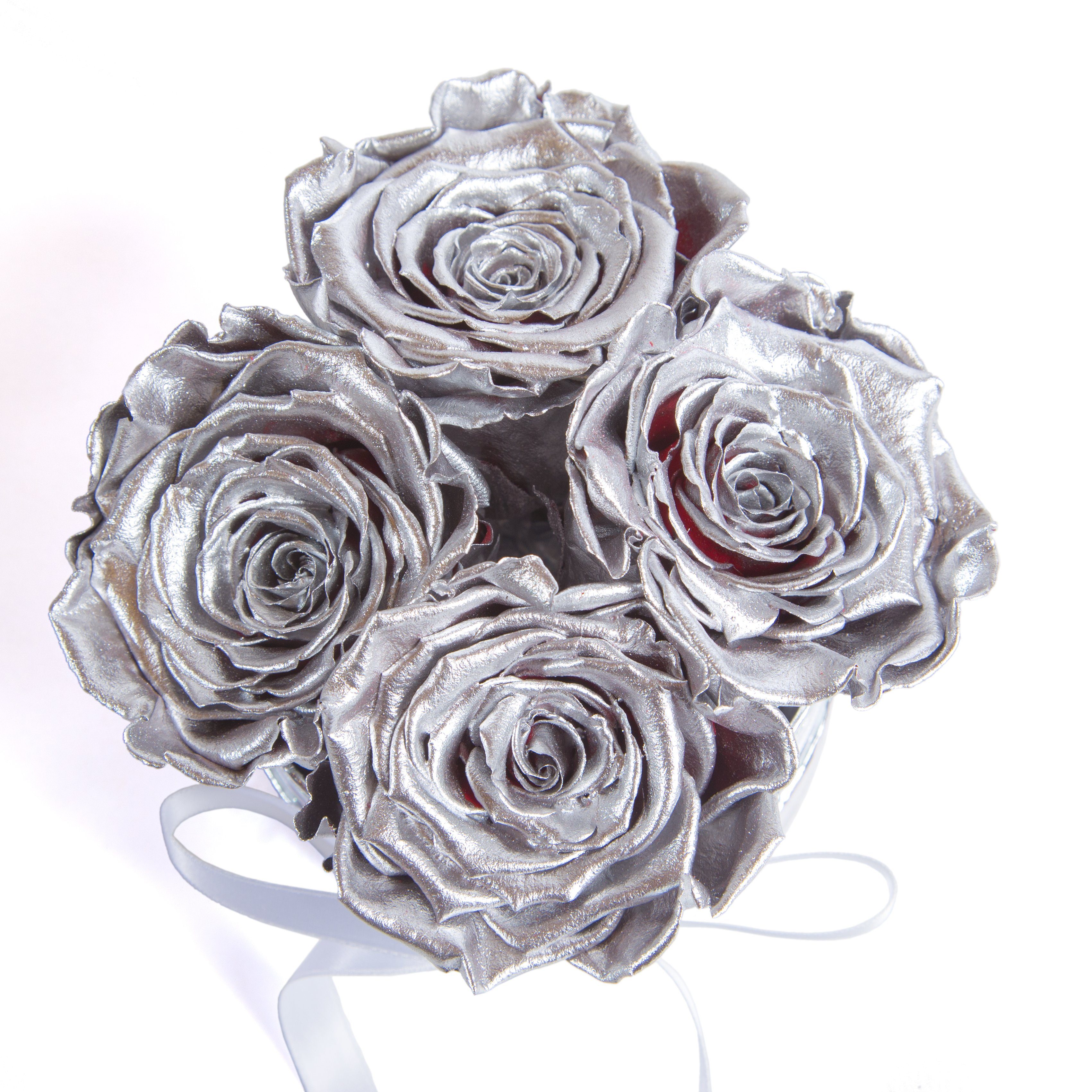 Kunstblume Infinity Rosenbox weiß Silber haltbar Rosen echte SCHULZ 3 Geschenkbox Jahre Heidelberg, 10 rund Höhe inklusiv Rosen ROSEMARIE 4 cm, konservierte Rose