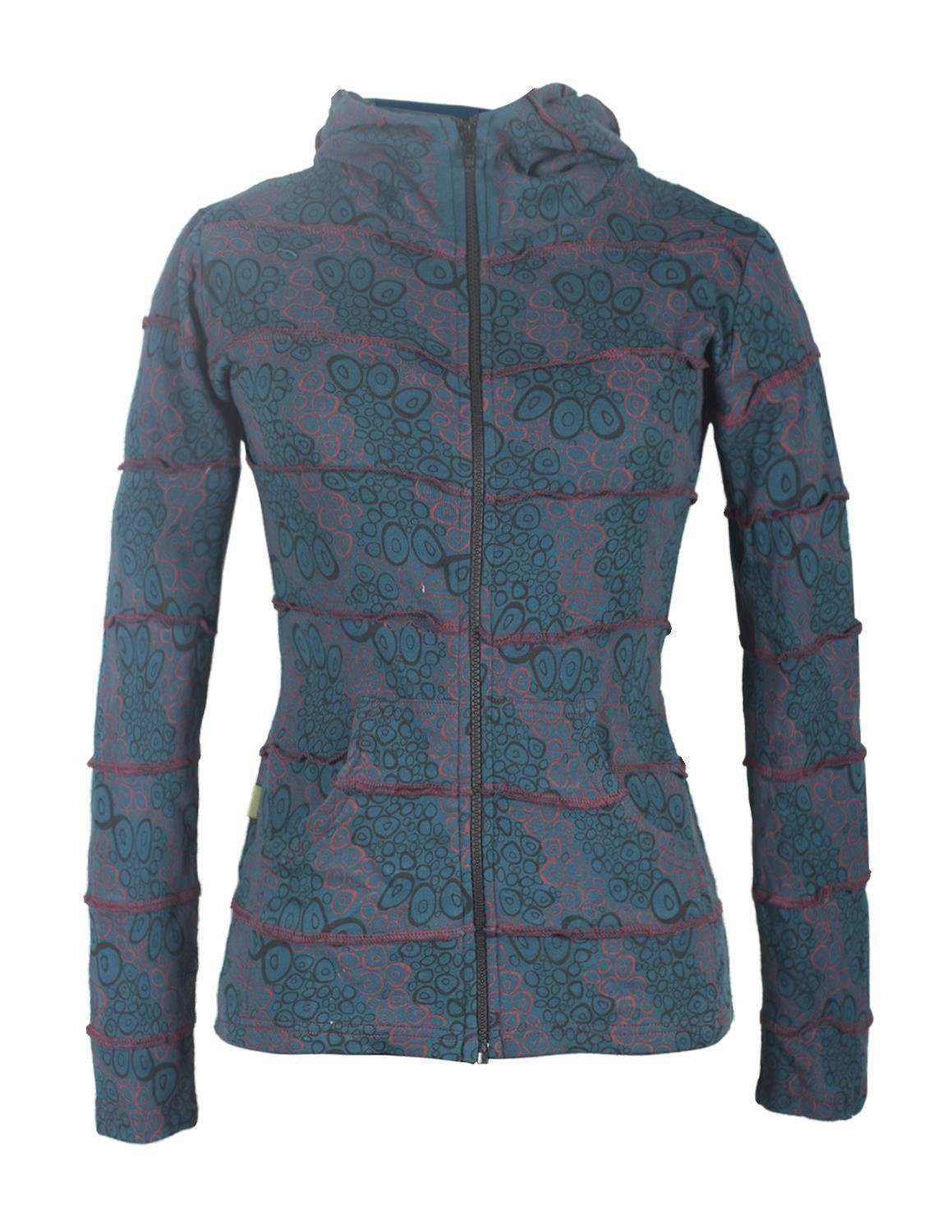 Vishes Kapuzensweatjacke Bedruckte Patchwork Jacke mit Zipfelkapuze Elfen, Hippie, Goa, Boho Style türkis