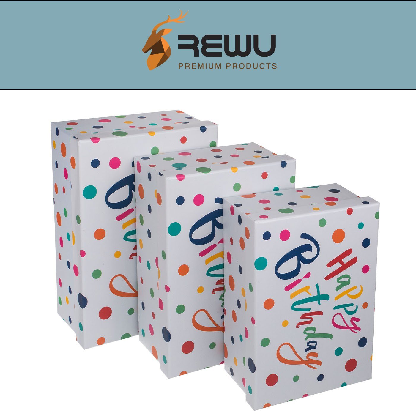 ReWu bunten Kartonschachtel Happy 3er Geschenk Set Geschenkpapier Birthday Punkten mit