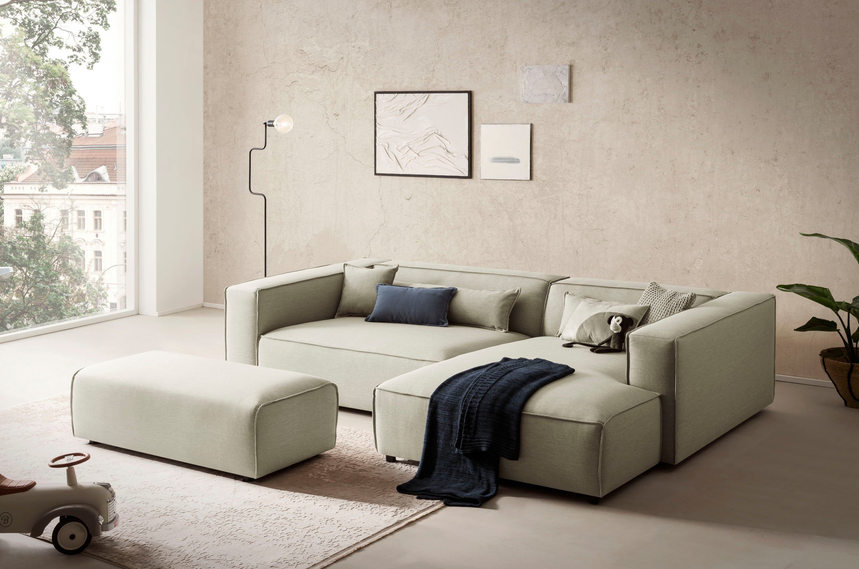 LeGer Home by Lena Gercke Ecksofa PIARA XXL, L-Form, Schlaffunktion, Cord, Leinenoptik o. Strukturstoff, Hocker stellbar zum Schlafsofa (Krokodilverbinder), tiefe Sitzfläche