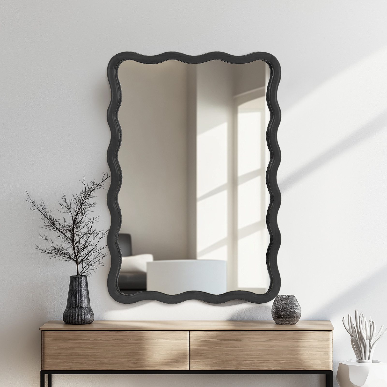 G-LEAF Spiegel Unregelmäßiger Rechteckiger Wandspiegel, Hölzerner Wellen-Wa günstig online kaufen
