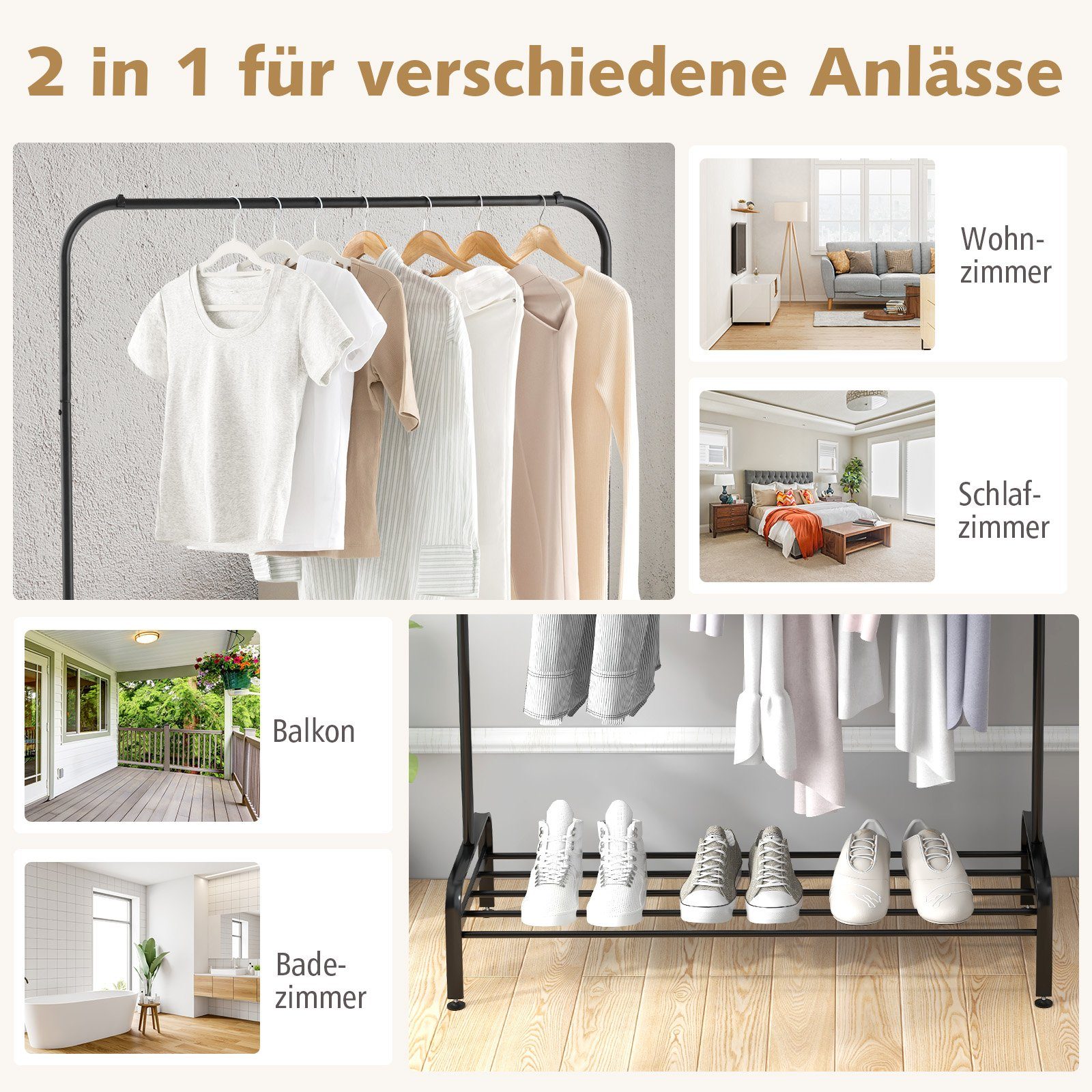 Kleiderständer Mit Rollen & Ablage – Weiß, Aus Metall, 18 Kg Tragkraft, Verstellbare Stangen & Seitliche Flexstange