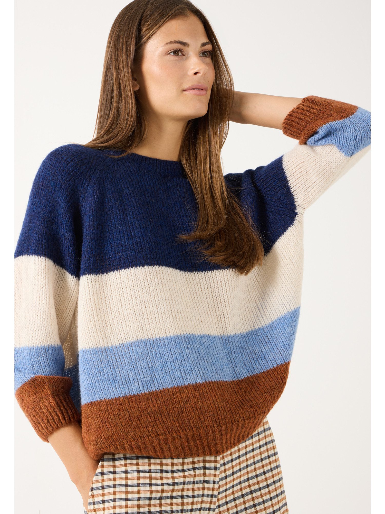 MORE&MORE Rundhalspullover softer, leichter 3/4 Arm-Blockstreifen-Pullover