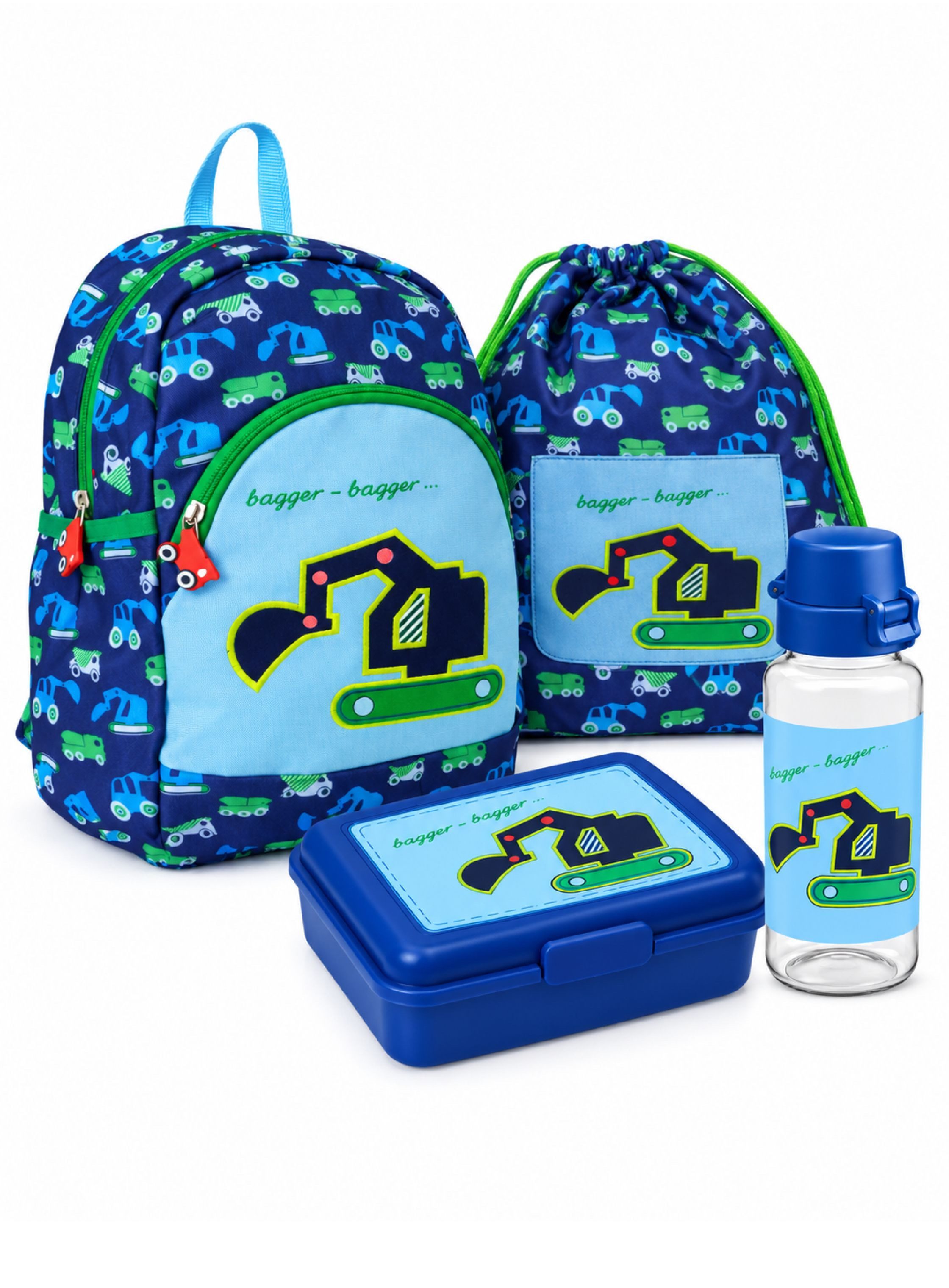 COPPENRATH DIE SPIEGELBURG Kinderrucksack Rucksack Kleine Freunde BAGGER "Wenn ich mal groß bin..." (Set, 4-tlg., inkl. Turnbeutel, Brotdose und Trinkflasche), mit Brustgurt; Applikation & Stickereien