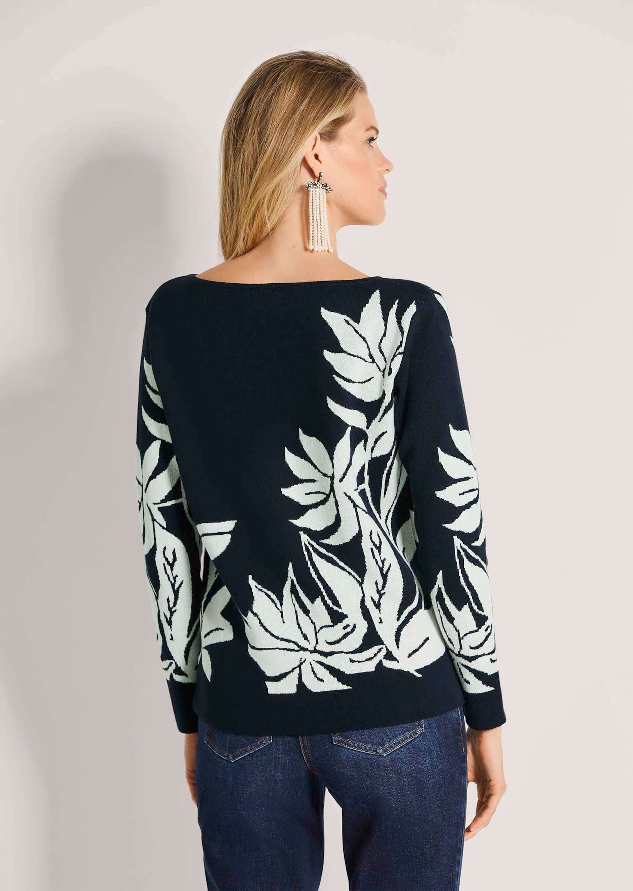 MADELEINE Strickpullover Jacquardpullover mit floralem Muster Sommerpullover mit U-Boot-Ausschnitt und Langarm