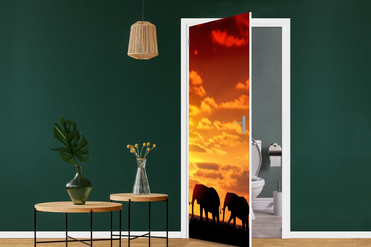 MuchoWow Türtapete Eine Illustration (1 Matt, einer einem, für mit Fototapete in bedruckt, Elefanten Türaufkleber, 75x205 Landschaft St), cm von Tür