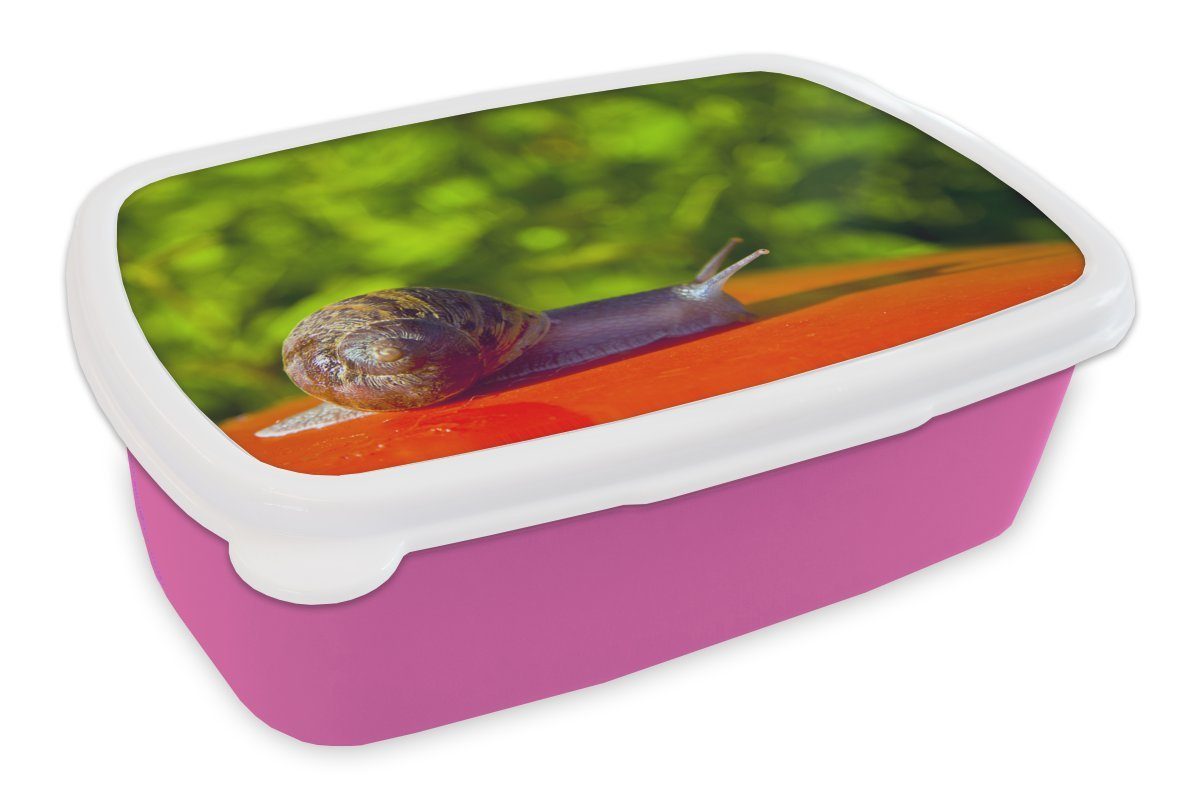 MuchoWow Lunchbox Schnecke auf rotem Hintergrund, Kunststoff, (2-tlg), Brotbox für Erwachsene, Brotdose Kinder, Snackbox, Mädchen, Kunststoff rosa