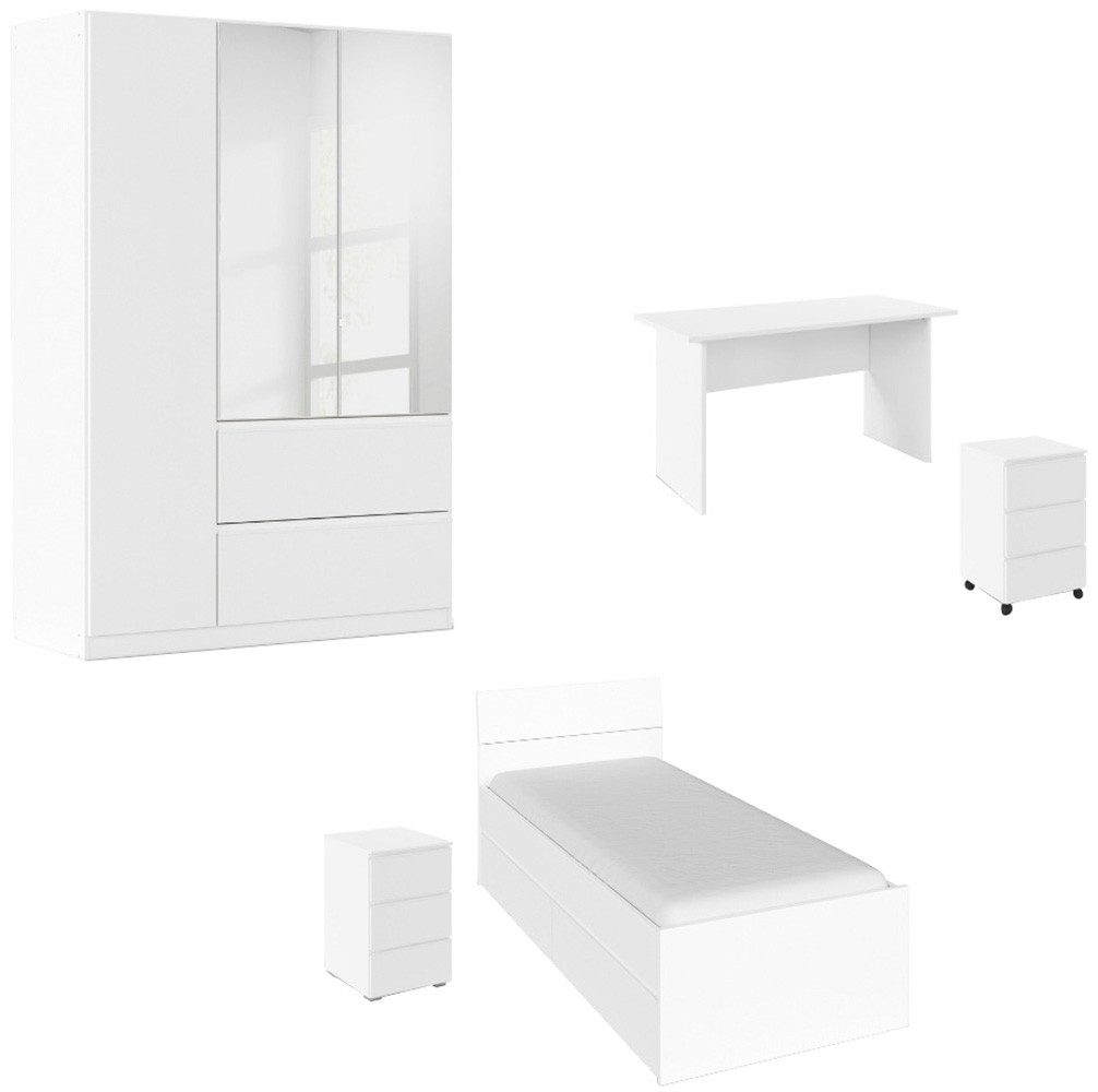 rauch Jugendzimmer-Set Komplettzimmer Schlafzimmer-Set (5-St) Jugendzimmer-Set JOEL, (Set, 5-tlg., Bett 90x200 oder 140x200 cm, Ausstattungspakete BASIC/CLASSIC/PREMIUM), Bett 2 Breiten,Nachttisch,Tisch,Rollcontainer,Schrank MADE IN GERMANY