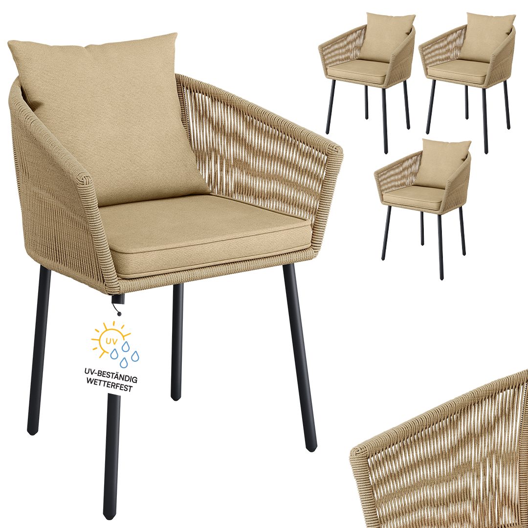 STEELSØN Gartenstuhl Nair mit Sitzauflagen & Kissen (4er Set, hellbraun), Gartensessel aus Polyrattan, elastisches Seilgeflecht, wetterbeständig
