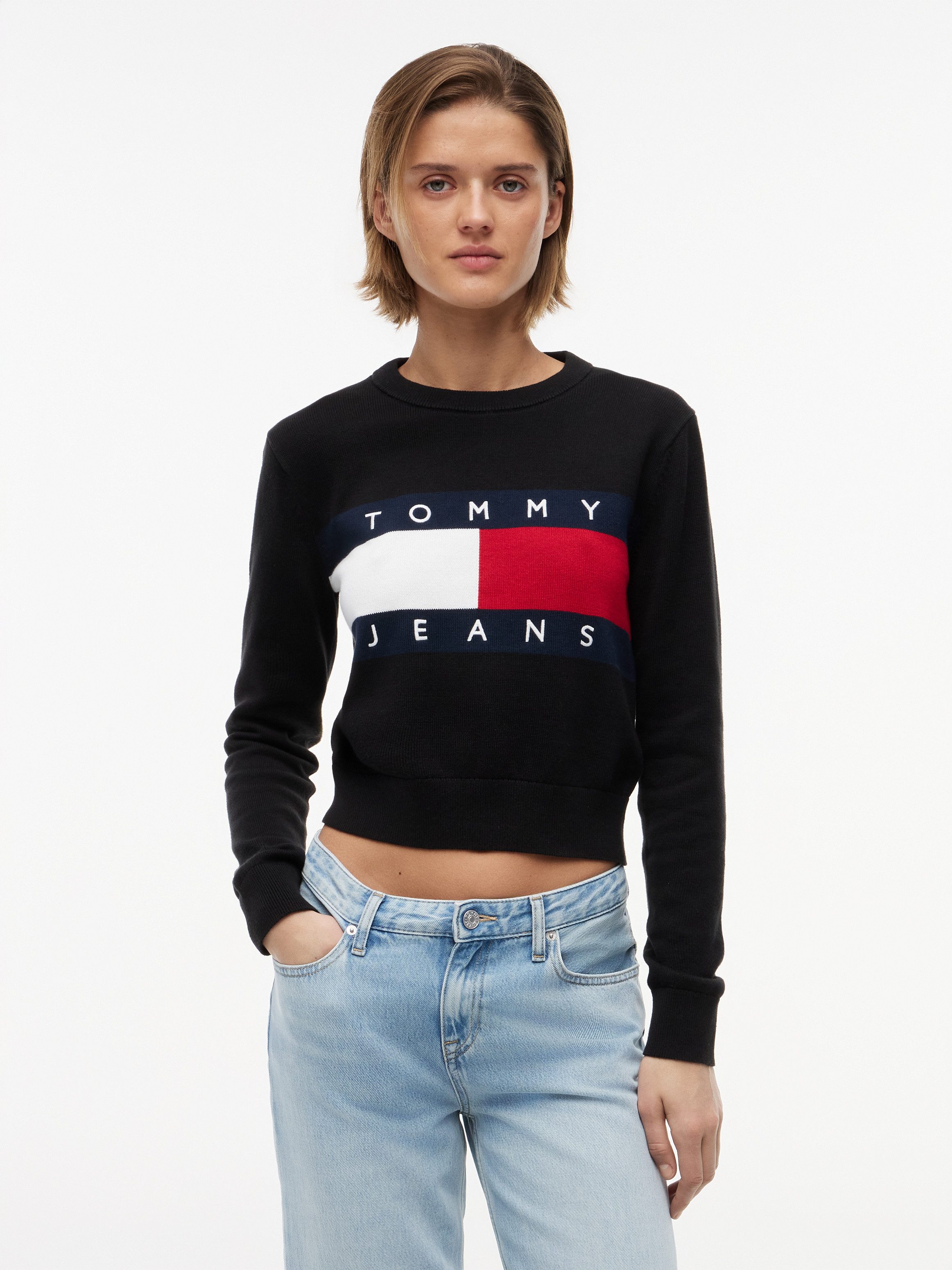 Tommy Jeans Rundhalspullover TJW FLAG CREW NECK SWEATER EXT Baumwolle, Flag Strickmuster