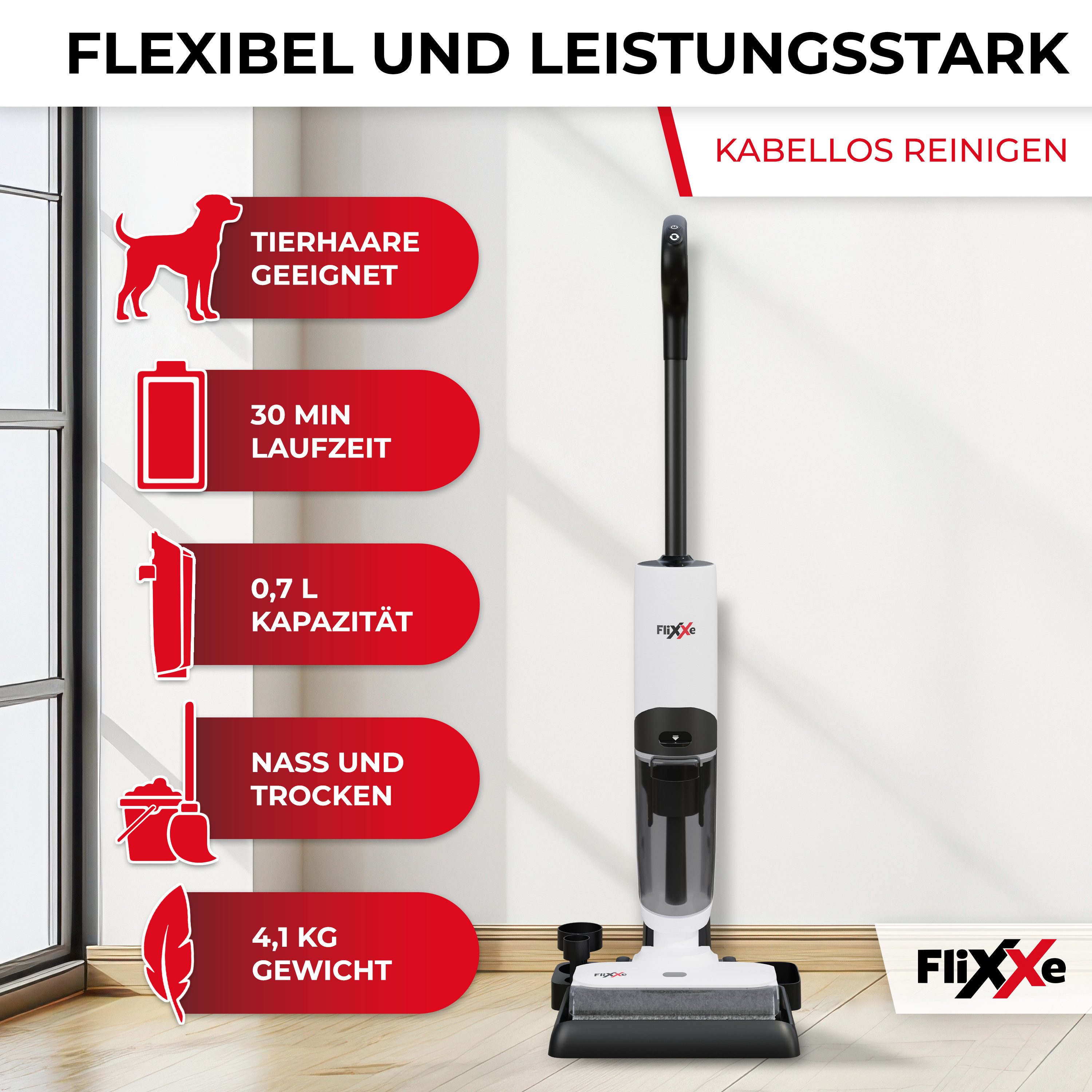 FliXXe Nass-Trocken-Sauger 2X2 Squizzle, 150 W, Kabellos und beidseitige Kantenreinigung.