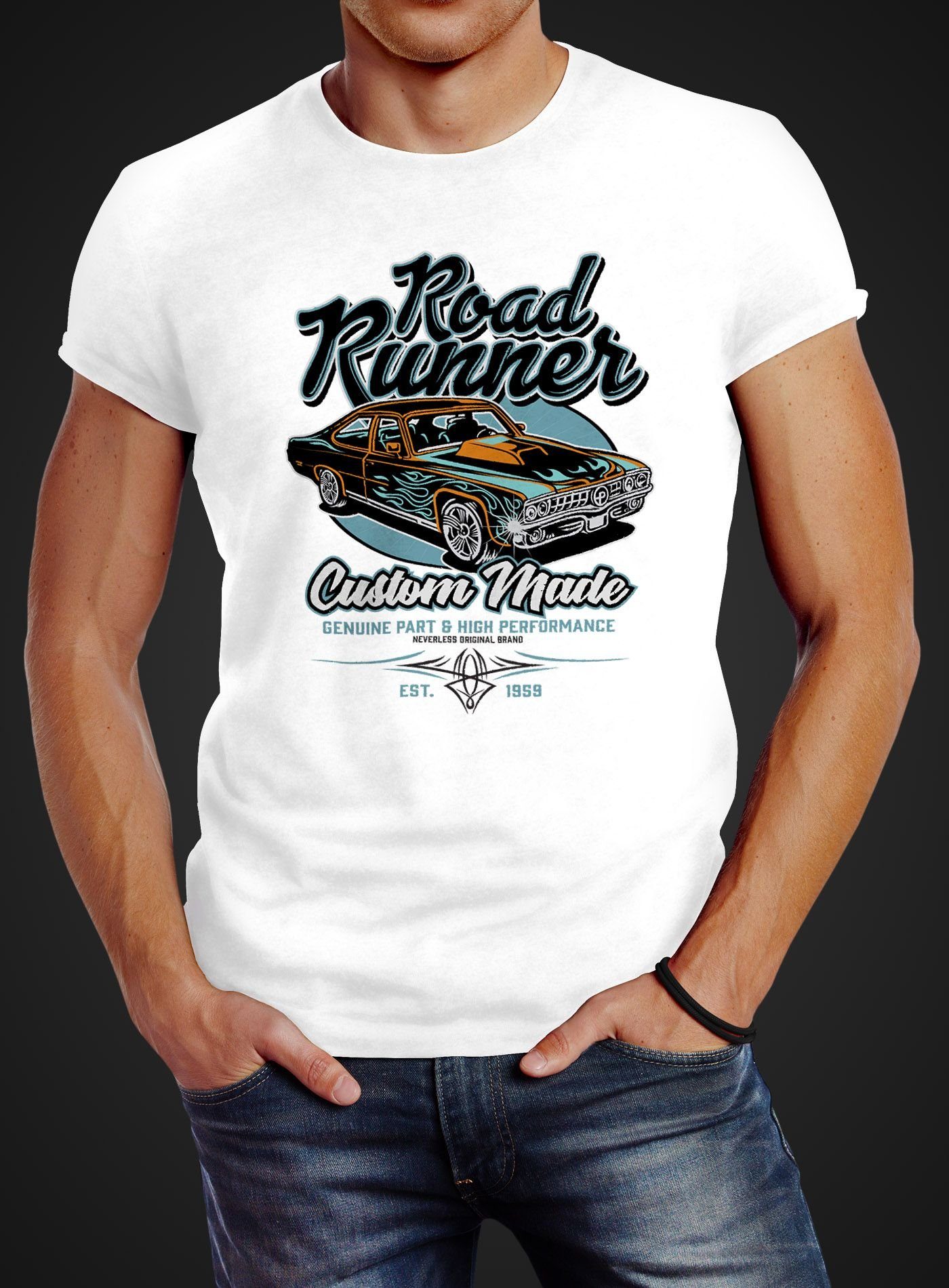 Neverless Print-Shirt Neverless® Fit Roadrunner T-Shirt Tuning Retro Car Muscle Herren Motiv weiß mit Slim Car Sports American Vintage Print