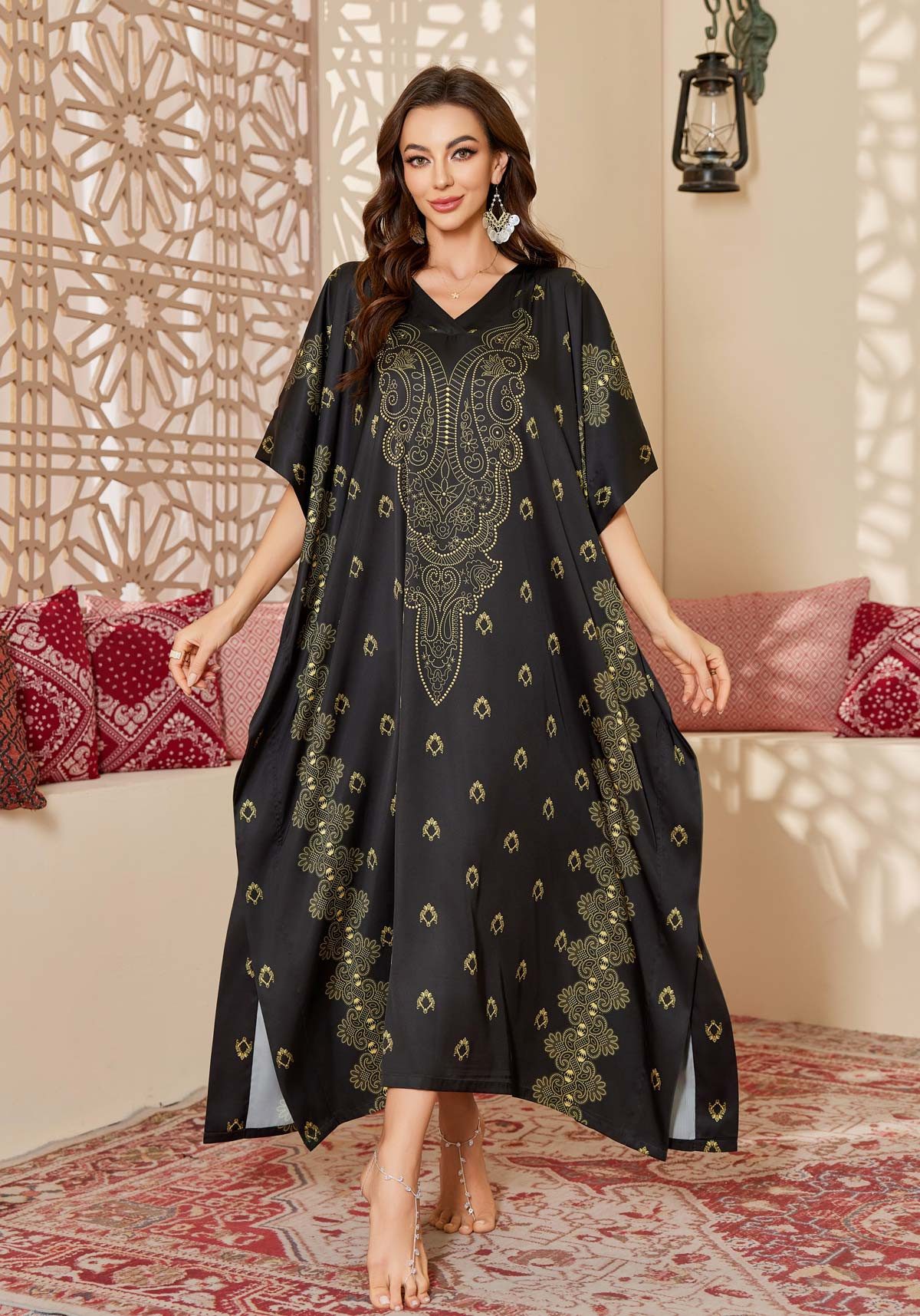 Vivi Idee Morgenmantel Kaftan Kimono Bademantel, Schlafmantel satin Sauna Einheitsgröße, Rund-Kragen/V-Kragen, Bindegürtel, Einheitsgröße, seidig