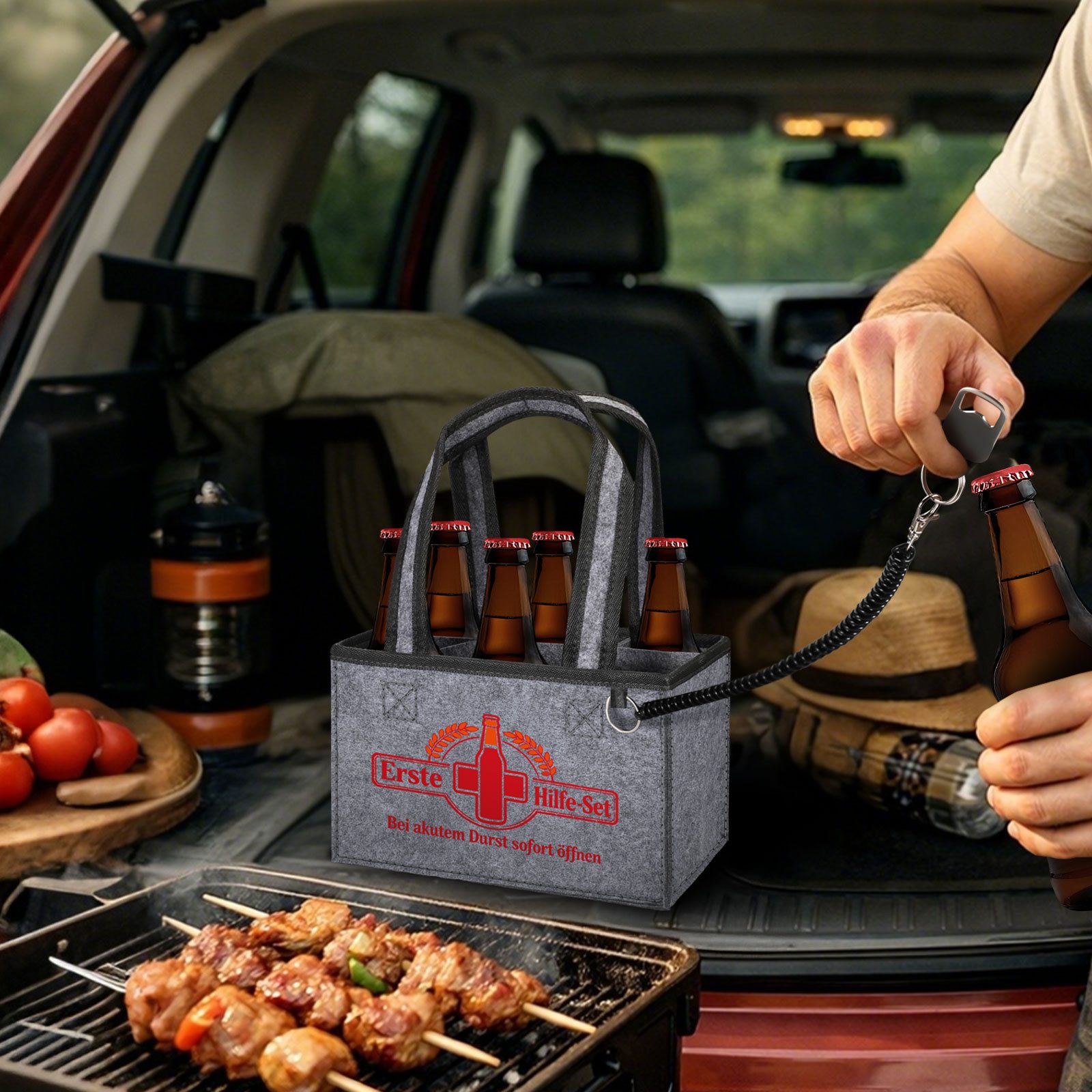 Fintie Flaschenkorb Flaschentasche mit 6 Fächern und Flaschenöffner für 0,33L/0,5L Flasche, Männerhandtasche Bier Filz Lustig Geschenke für Männer Geburtstag Pa – Bild 5 von 5