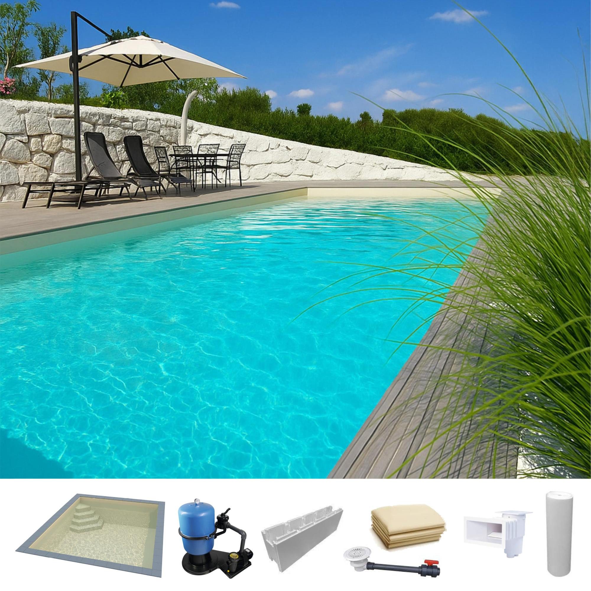 KWAD Rechteckpool KWAD Styropor Pool Easy mit Ecktreppe links 7 x 3, (Komplett-Set, 1-tlg), Langlebige Styroporsteine