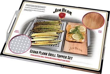 Jim Beam BBQ Grillerweiterung Edelstahl-Platte (Set), 59x30 cm, mit Zedernholz Räucherbrett für Grillgut, Fisch, Gemüse