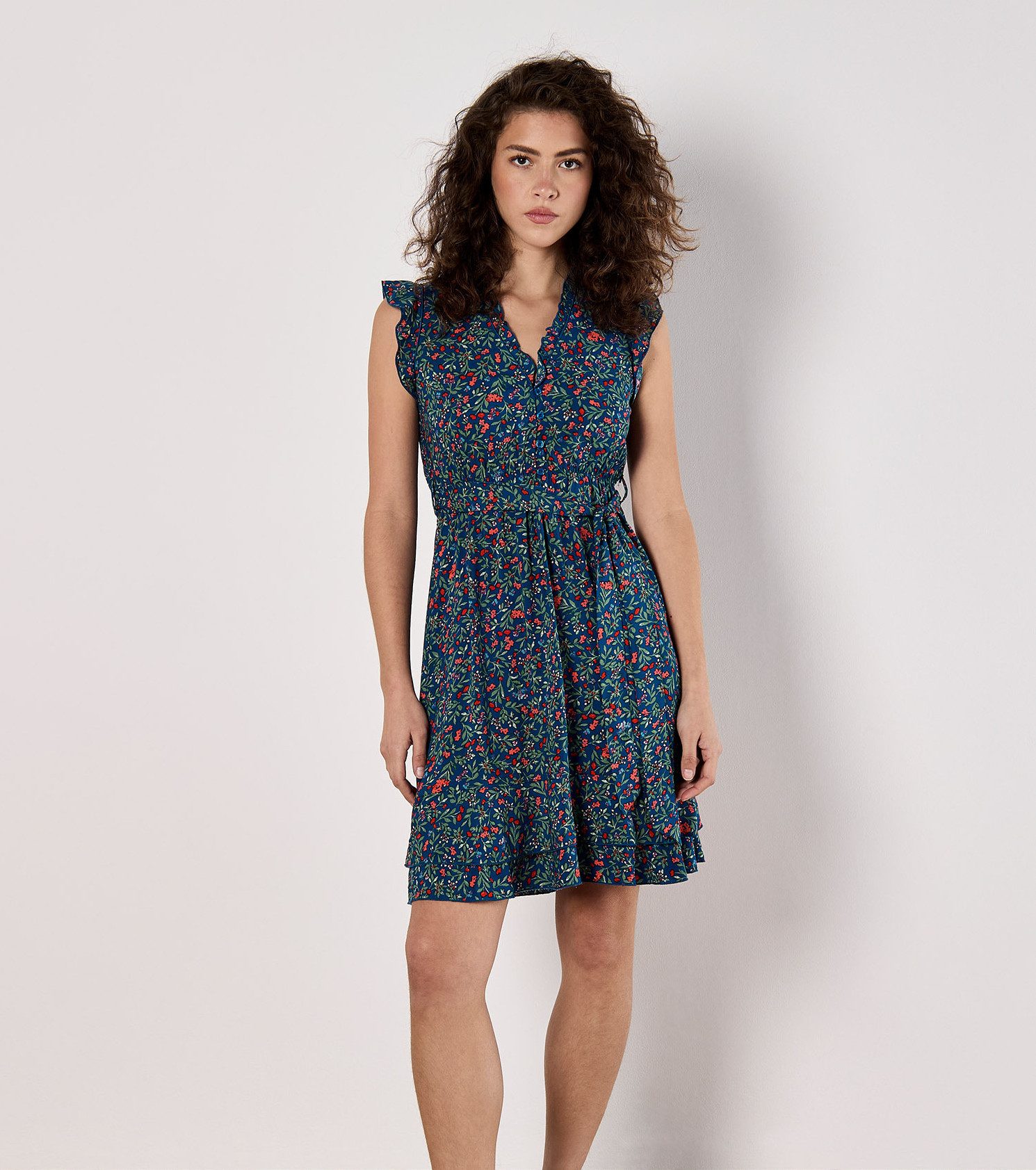 Apricot Druckkleid Blumenwald-Rüschen-Ditsy-Kleid günstig online kaufen