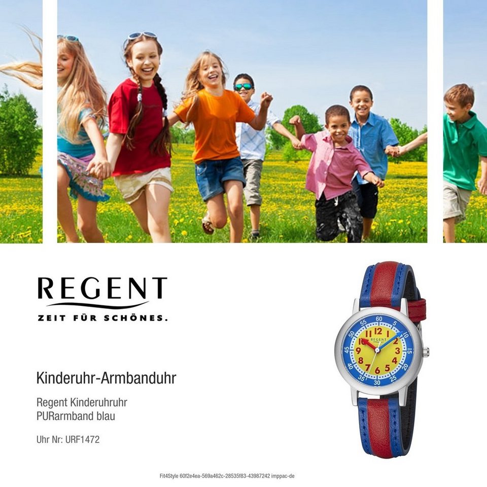 Regent Quarzuhr Regent Kinderuhr Armbanduhr Analog, Kinderuhruhr PURarmband  blau, rot, rundes Gehäuse, groß (ca. 29,5mm)