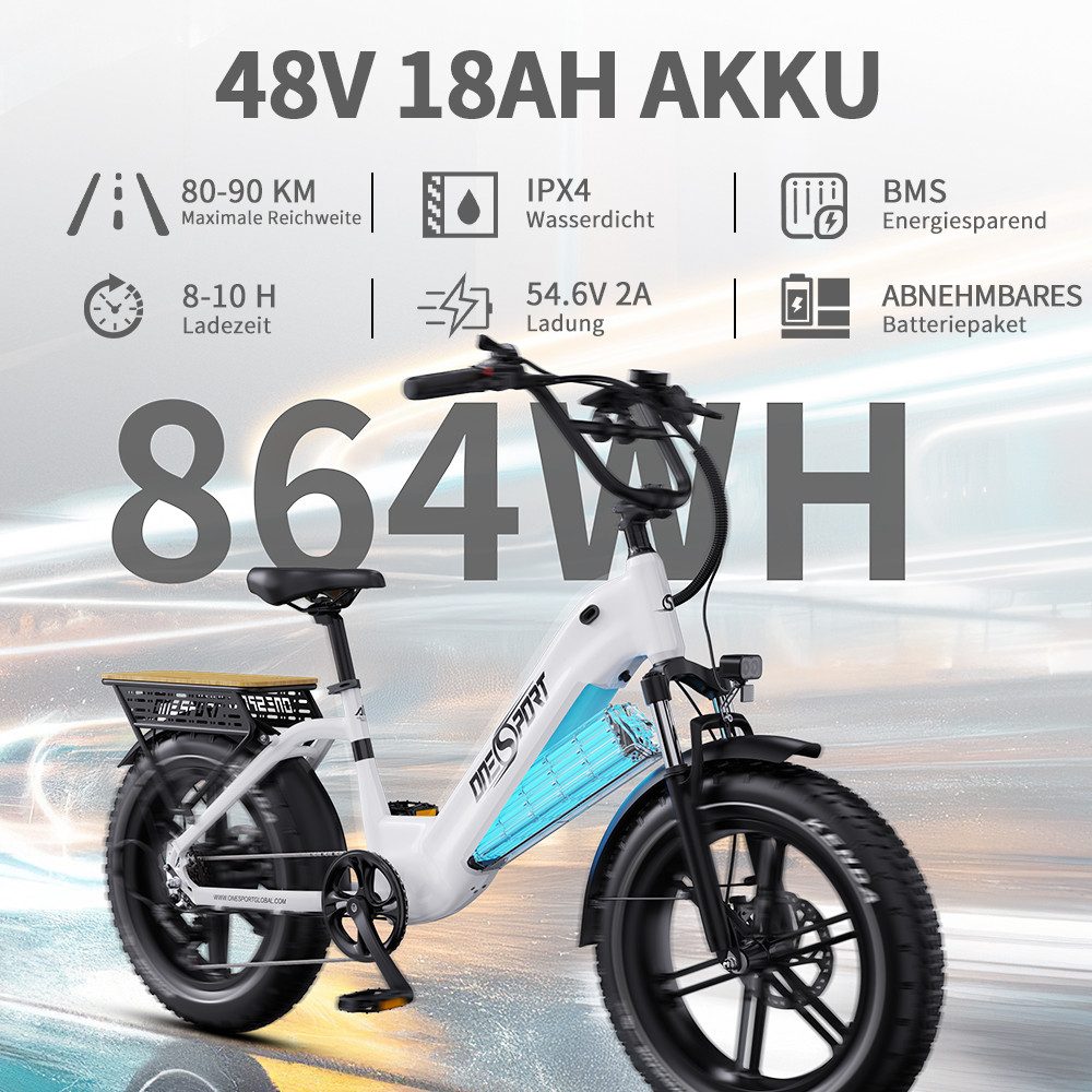 Onesport E-Bike Cityrad OT08 herren Elektrofahrrad 20× 4.0 Zoll 18AH 48V 864WH damen, 7 Gang Shimano, Kettenschaltung (Shimano 7-Gang), Heckmotor, 864 Wh, Cityrad 7 Gang Shimano, hydraulischen Scheibenbremse, Kettenschaltung