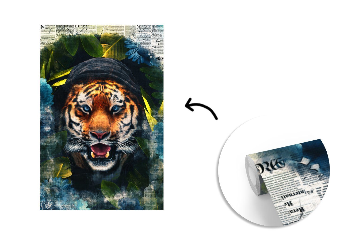 MuchoWow Fototapete Tiger - - Matt, St), (3 Zeitung Blumen, Tapete Vinyl für Wohnzimmer, Montagefertig Wandtapete bedruckt
