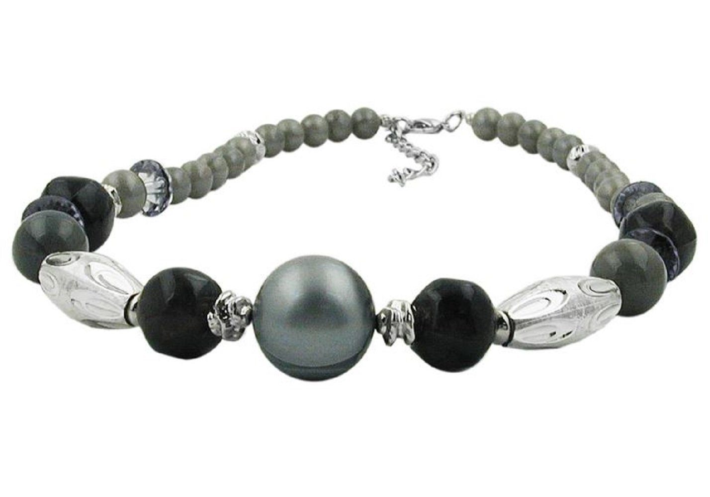 Collier Kette Kunststoff-Perlen olive-chrome-silbergrau 45 cm