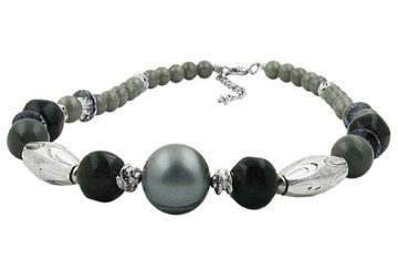 unbespielt Collier Kette olive chrome Kunststoff-Perlen silbergrau 45 cm, Modeschmuck für Damen