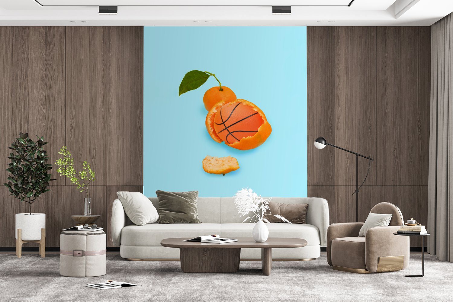 Basketball Orange Matt, bedruckt, Tapete MuchoWow (4 Wandtapete Obst Wohnzimmer, St), Blatt, - Vinyl Fototapete - Orange - Montagefertig für -