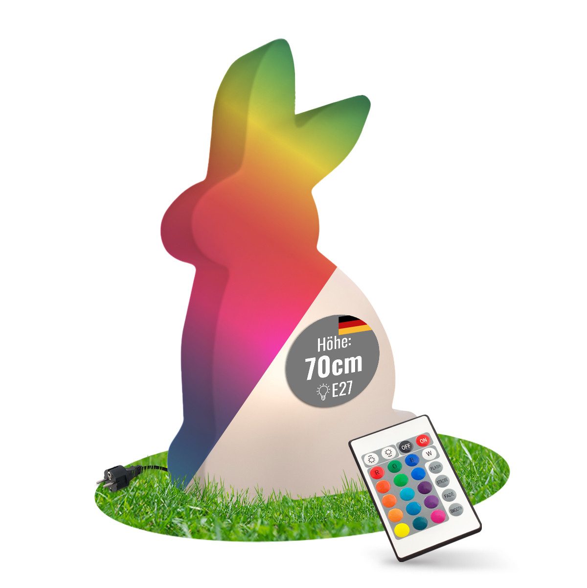 8 seasons design LED Dekofigur Shining Rabbit, Dekolampe für außen (Garten, Terrasse), Osterdeko, LED wechselbar, E27-Fassung, warmweißes und buntes Licht (15 Farben), dimmbar, RGB Farbwechsel, Fernbedienung - XXL Osterhase, Hase Ostern