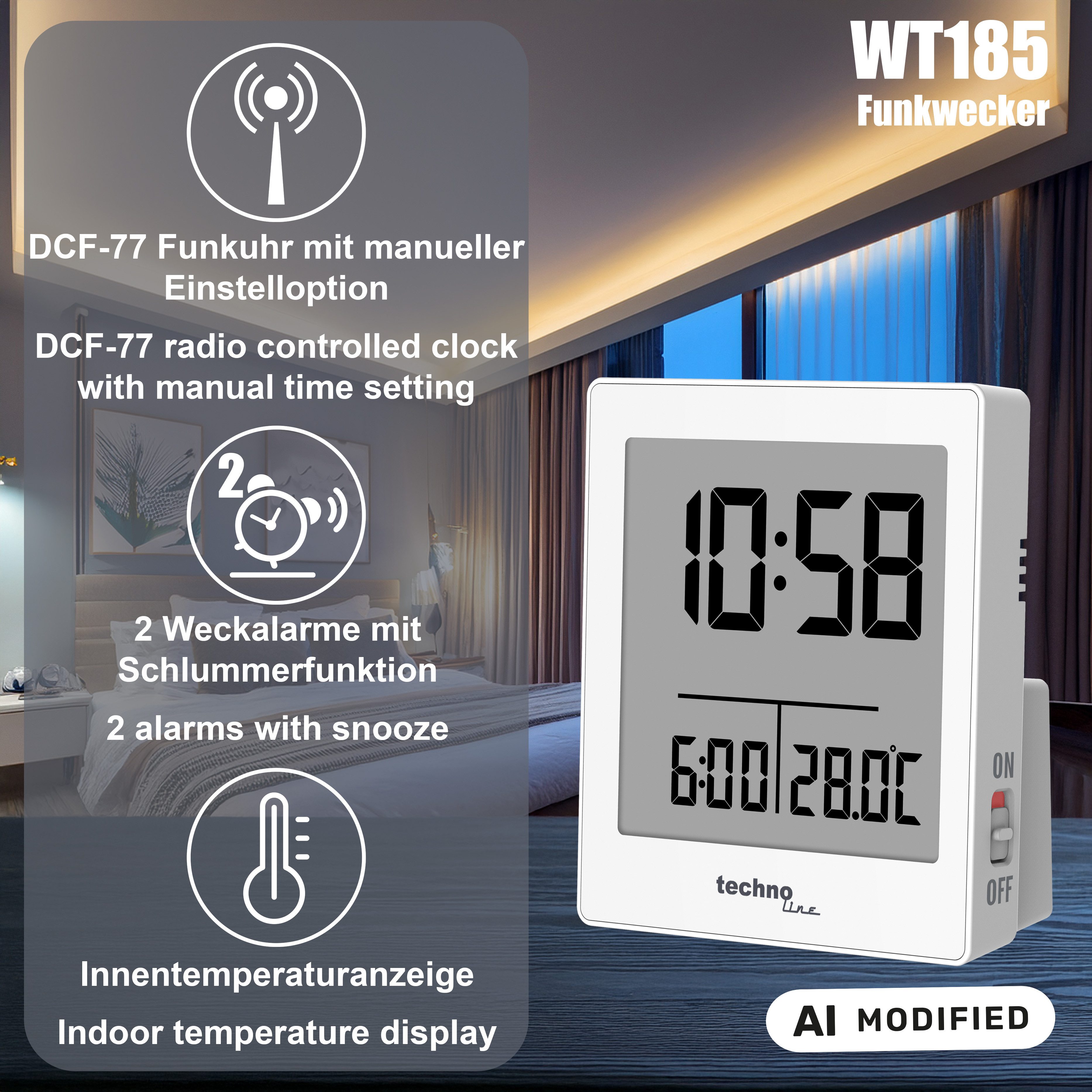 technoline Funkwecker WT 185 mit Temperaturanzeige und Dual-Alarm mit extra Anzeige für Alarmzeiten – Bild 2 von 4