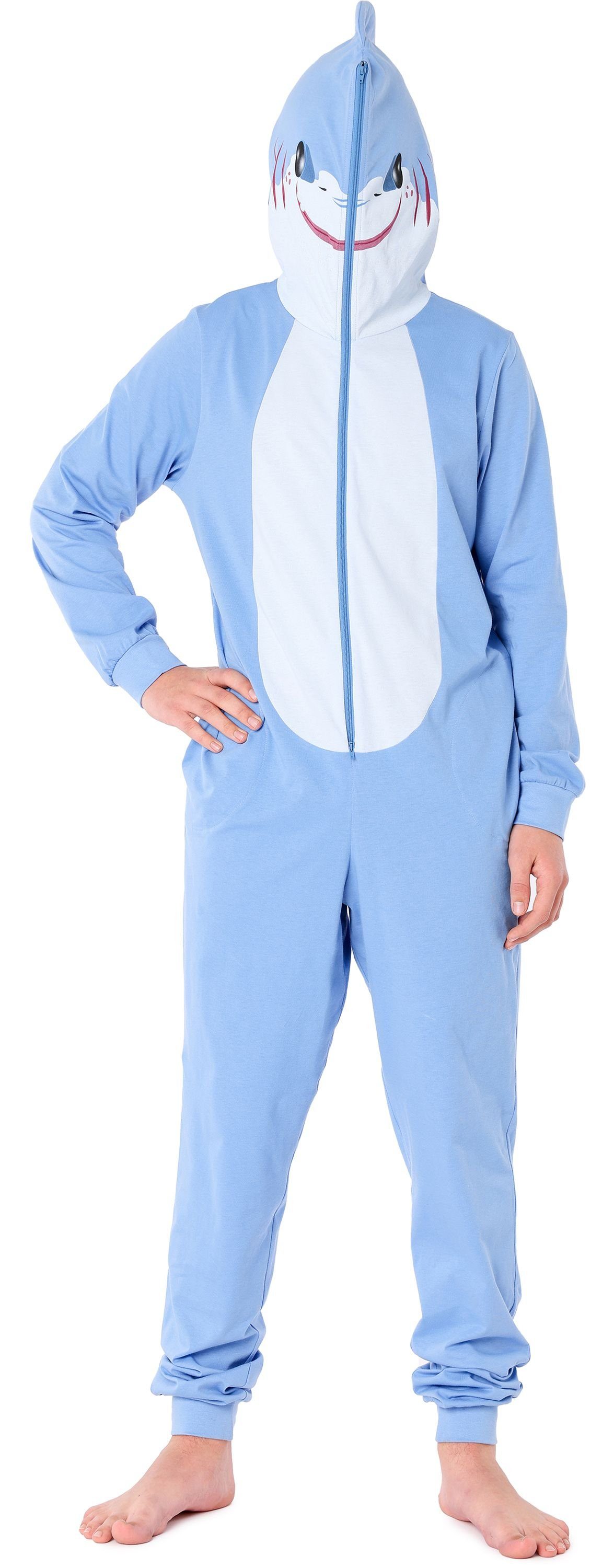 Ladeheid Schlafanzug LA40-240 Schlafoverall Blau Kapuze aus mit ohne Jungen Hai Baumwolle Tierkostüm