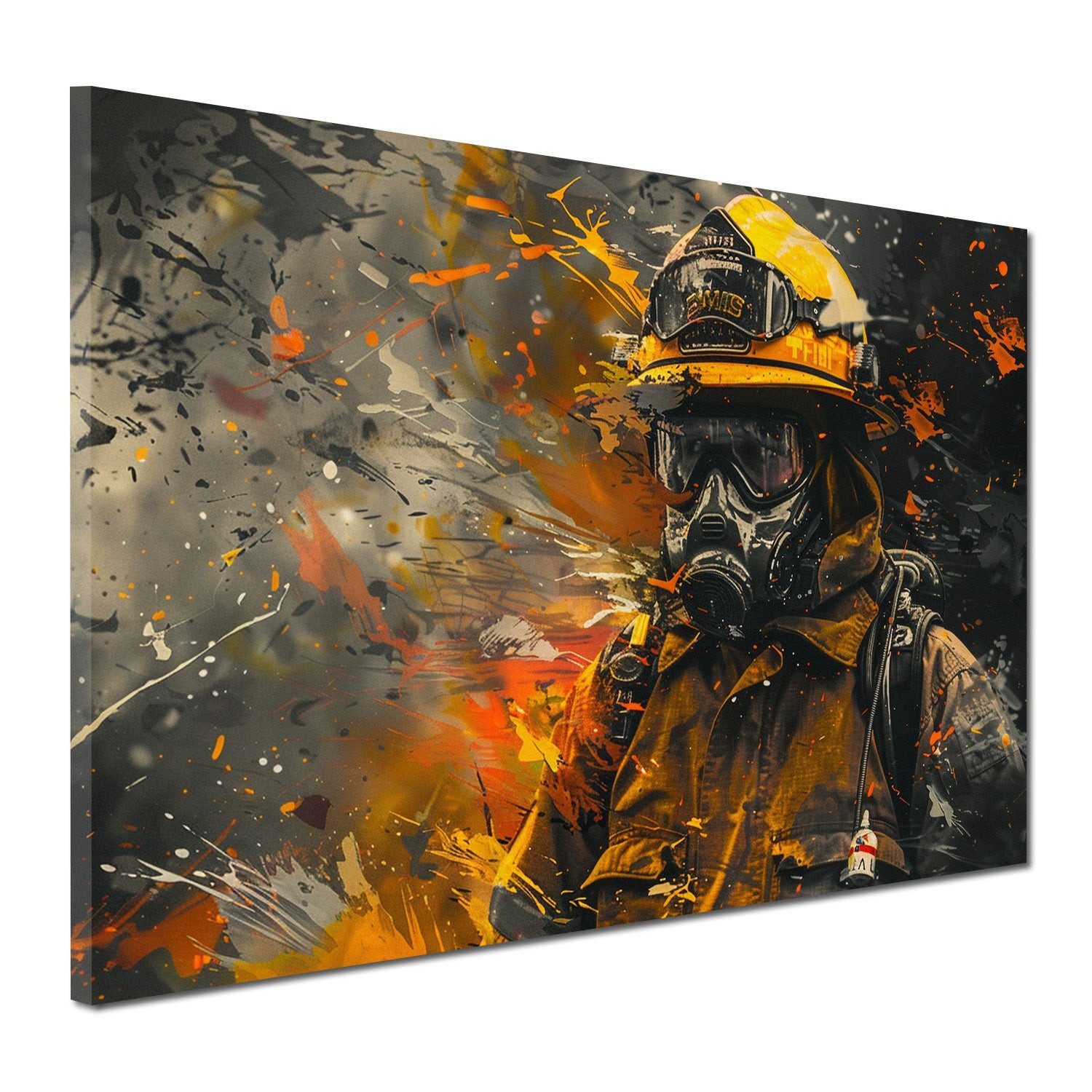 Artedinoi Leinwandbild Feuerwehrmann Gelb Atemschutz Street Art Leinwandbild Wandbild Kunstdr, Feuerwehrmann in Gelb, abstrakt
