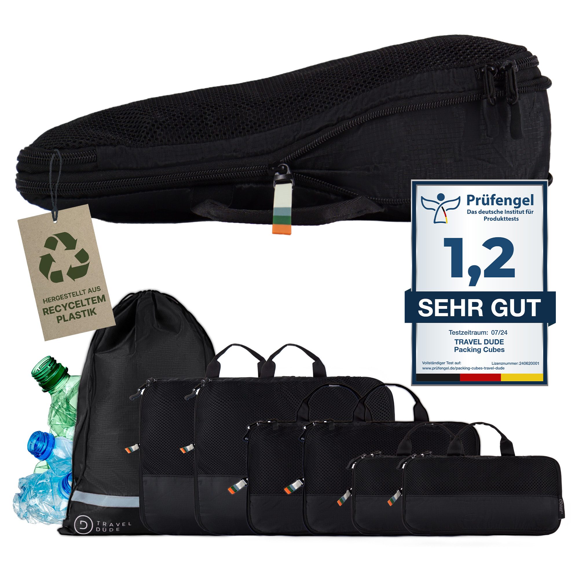 TRAVEL DUDE Kofferorganizer, Packing Cubes aus recycelten Plastikflaschen (ultraleichte Packwürfel, 7-tlg., Packing Cubes für Rucksack und Koffer, Packtaschen), mit Kompression und einem Nassfach