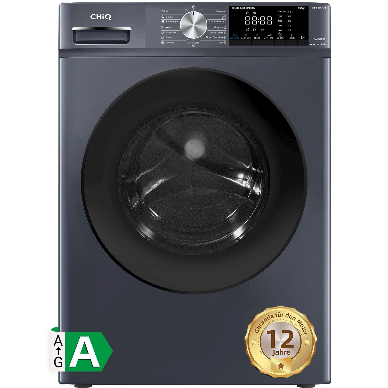CHiQ Waschmaschine Space Pro Große Kapazität, 16 Programme, 9 kg, 1400 U/min, Inverter-Motor, Dampfwäsche, 12 Jahre Gratis Garantie auf den Motor