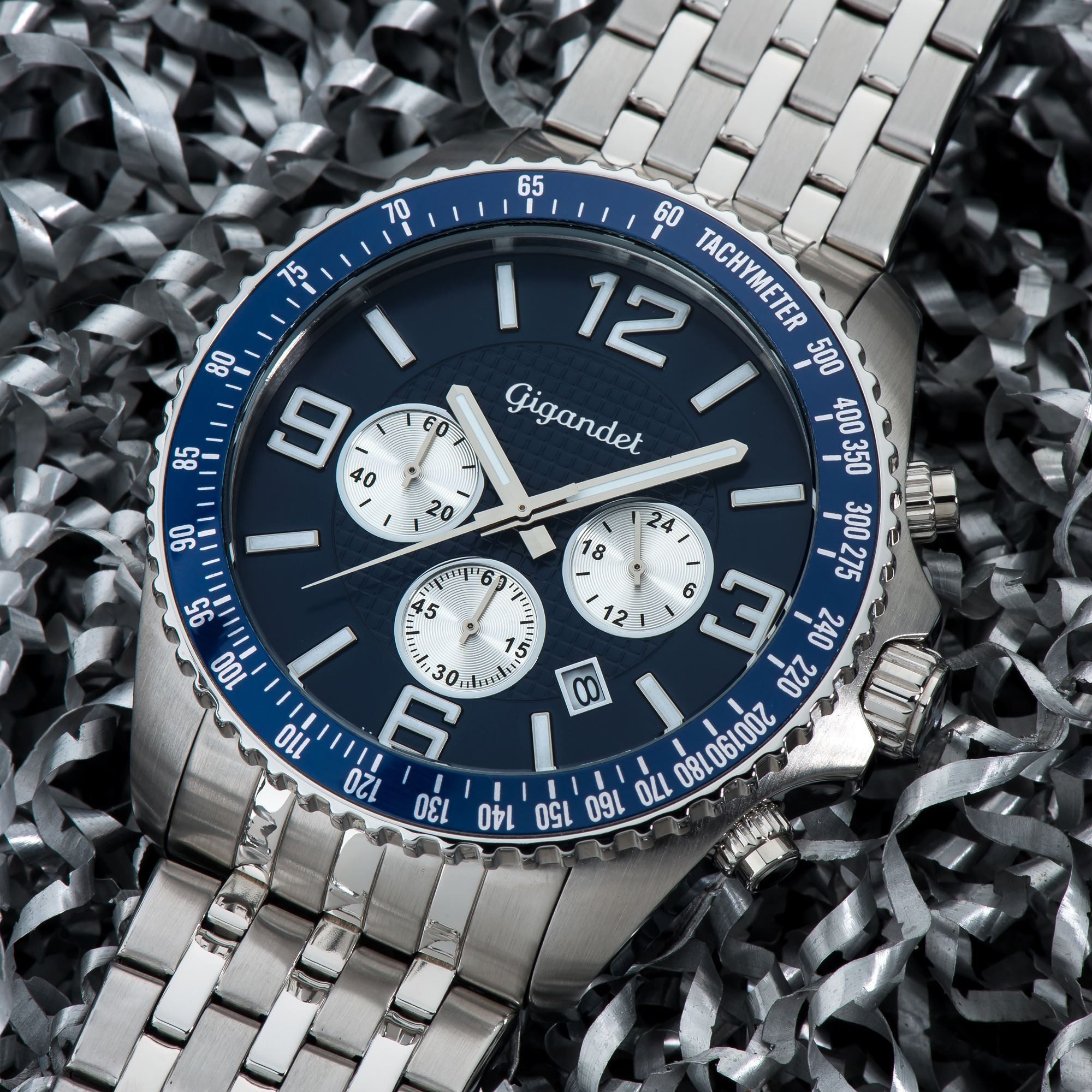 Gigandet Chronograph Armbanduhr, Herrenuhr, Sportuhr, 45mm, FAST TRACK G12-006, Mineralglas, Datumsanzeige, Edelstahlband, 10bar/100m wasserdicht
