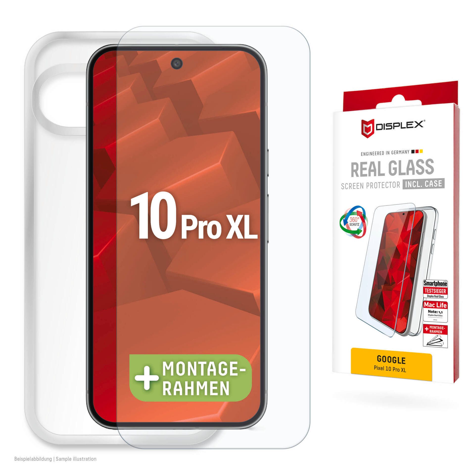 Displex Displayschutzglas Real Glass Screen Protector inklusive Case für Google Pixel 10 Pro XL, Displayschutzfolie, Schutzfolie, Bildschirmschutz, kratz- & stoßfest